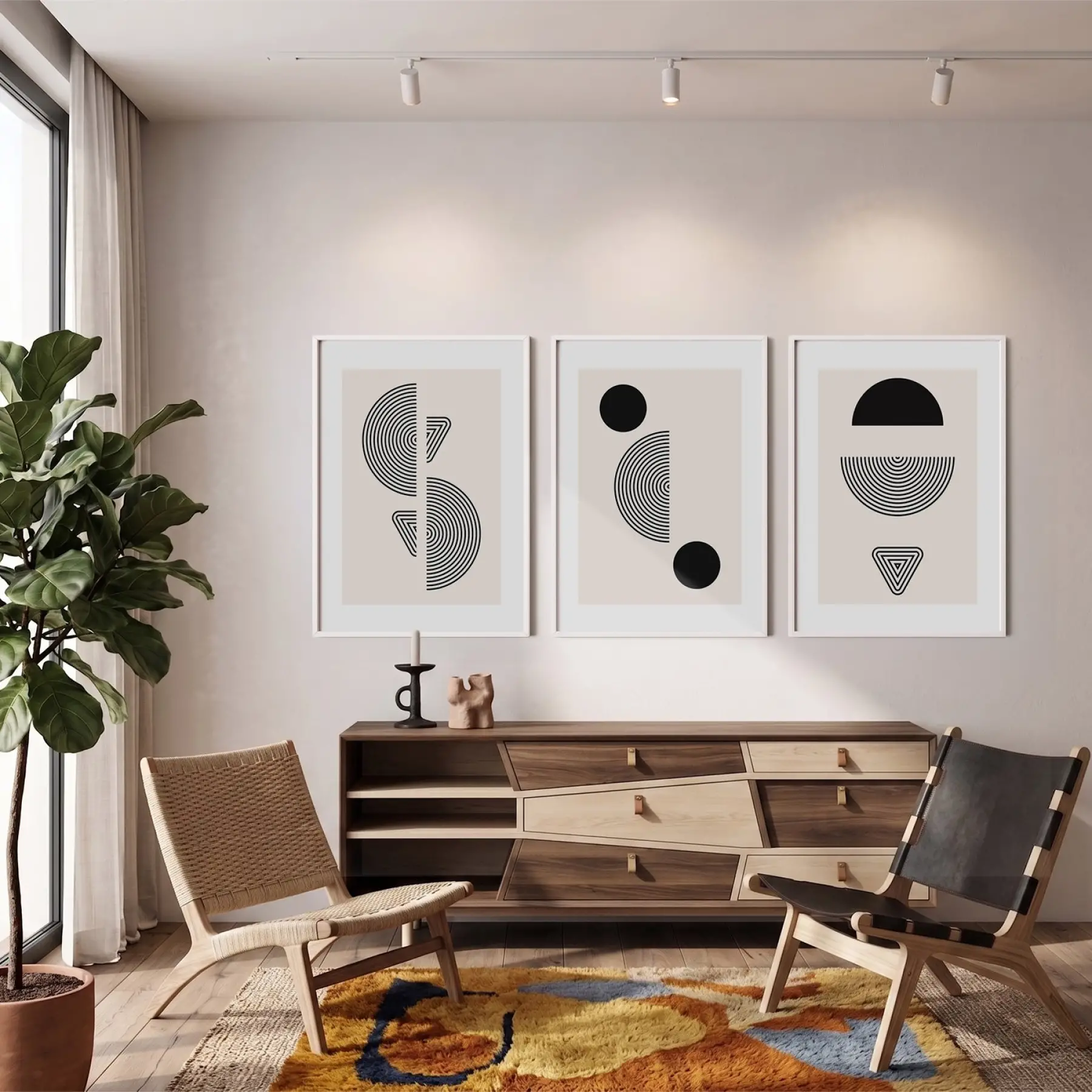 Bej Kavisli Geometrik Sanat 3lü Beyaz Çerçeveli Tablo Seti Duvar Tablo Oda Dekorasyonu Dekoratif