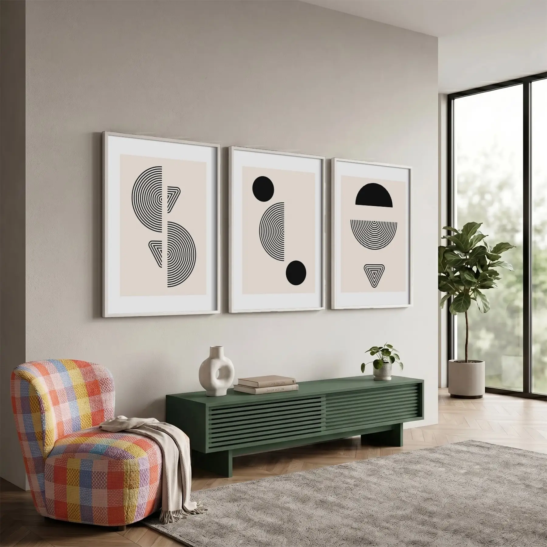 Bej Kavisli Geometrik Sanat 3lü Beyaz Çerçeveli Tablo Seti Duvar Tablo Oda Dekorasyonu Dekoratif
