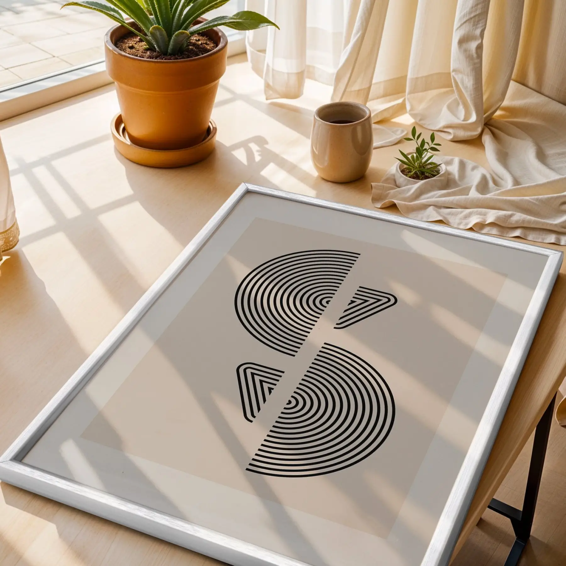 Bej Kavisli Geometrik Sanat 3lü Beyaz Çerçeveli Tablo Seti Duvar Tablo Oda Dekorasyonu Dekoratif