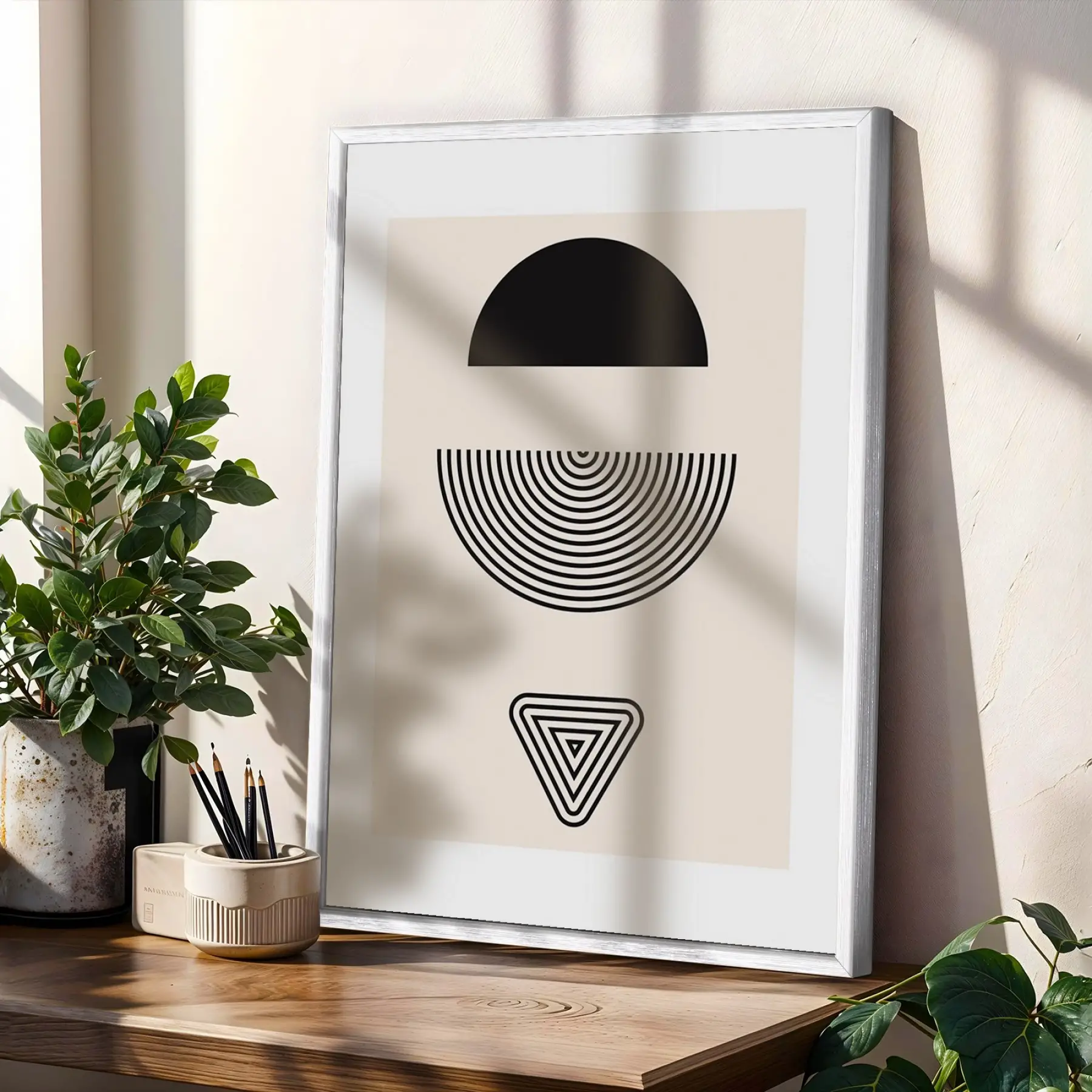 Bej Kavisli Geometrik Sanat 3lü Beyaz Çerçeveli Tablo Seti Duvar Tablo Oda Dekorasyonu Dekoratif