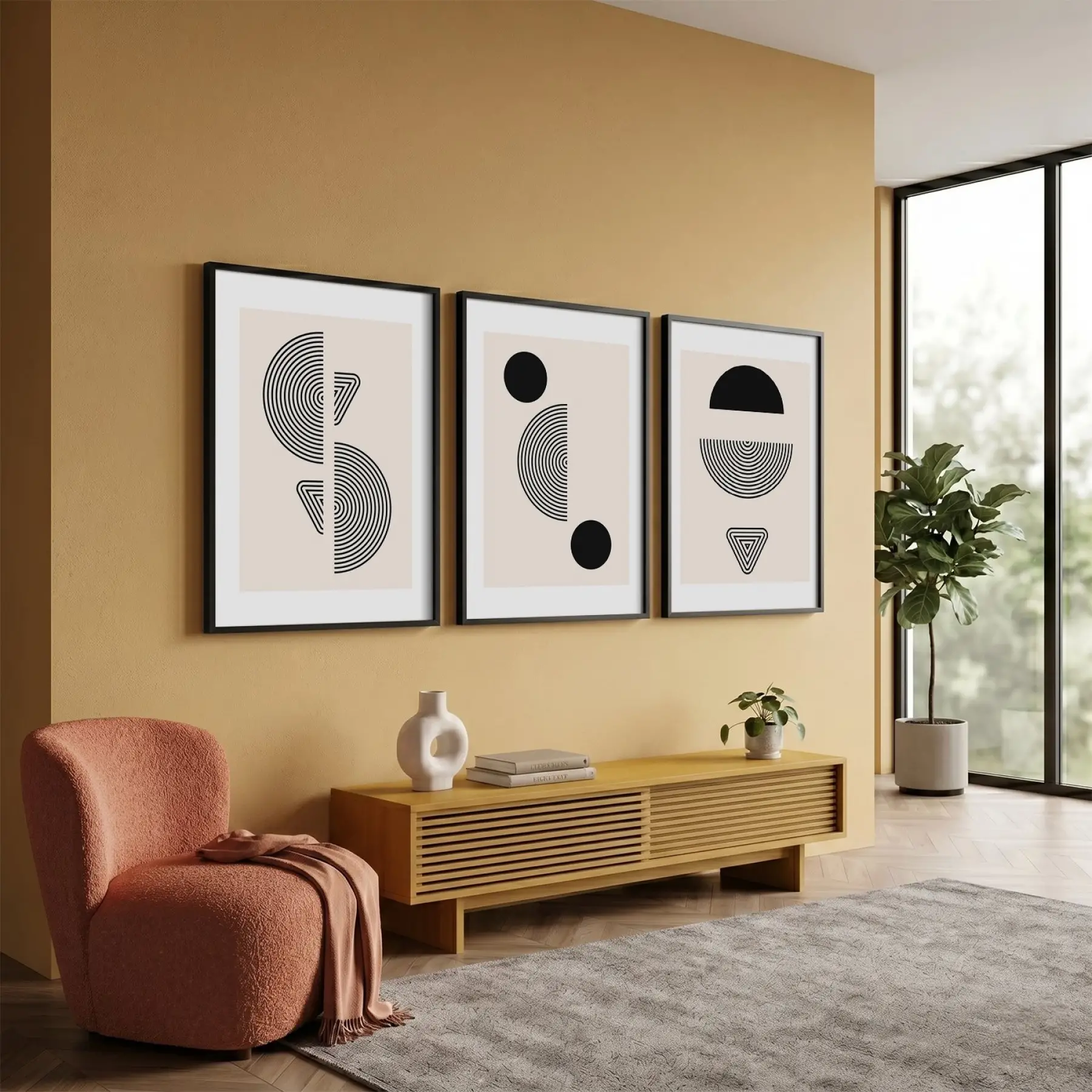 Bej Kavisli Geometrik Sanat 3lü Siyah Çerçeveli Tablo Seti Salon Duvar Tablo Poster Tablo