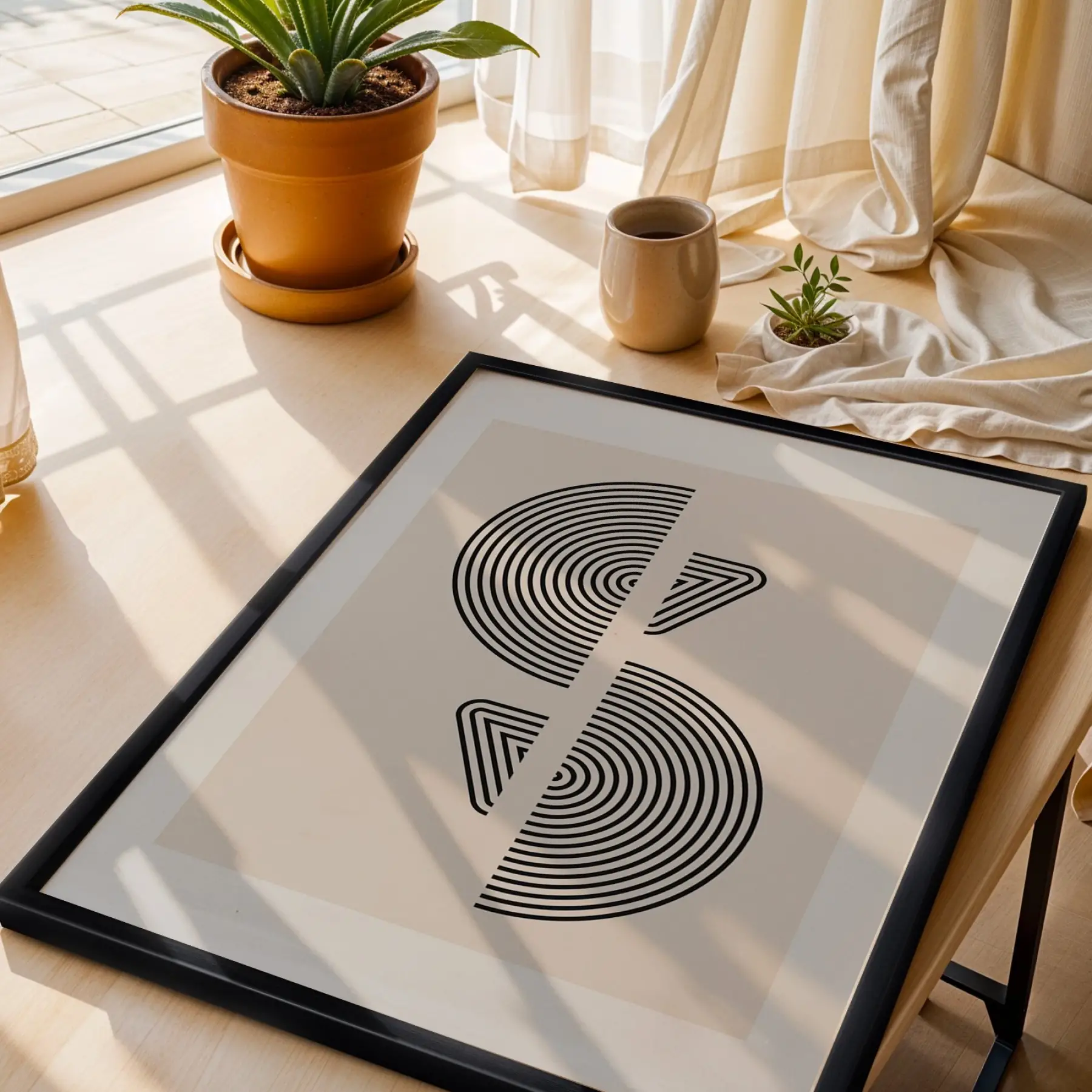 Bej Kavisli Geometrik Sanat 3lü Siyah Çerçeveli Tablo Seti Salon Duvar Tablo Poster Tablo