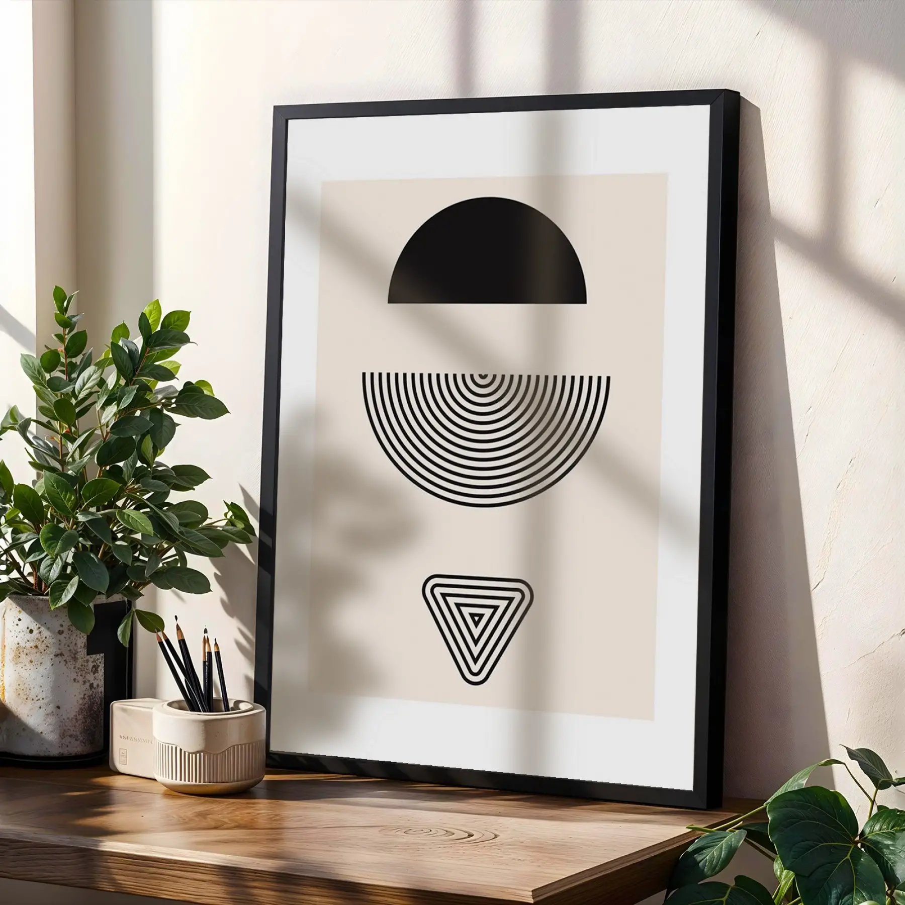 Bej Kavisli Geometrik Sanat 3lü Siyah Çerçeveli Tablo Seti Salon Duvar Tablo Poster Tablo
