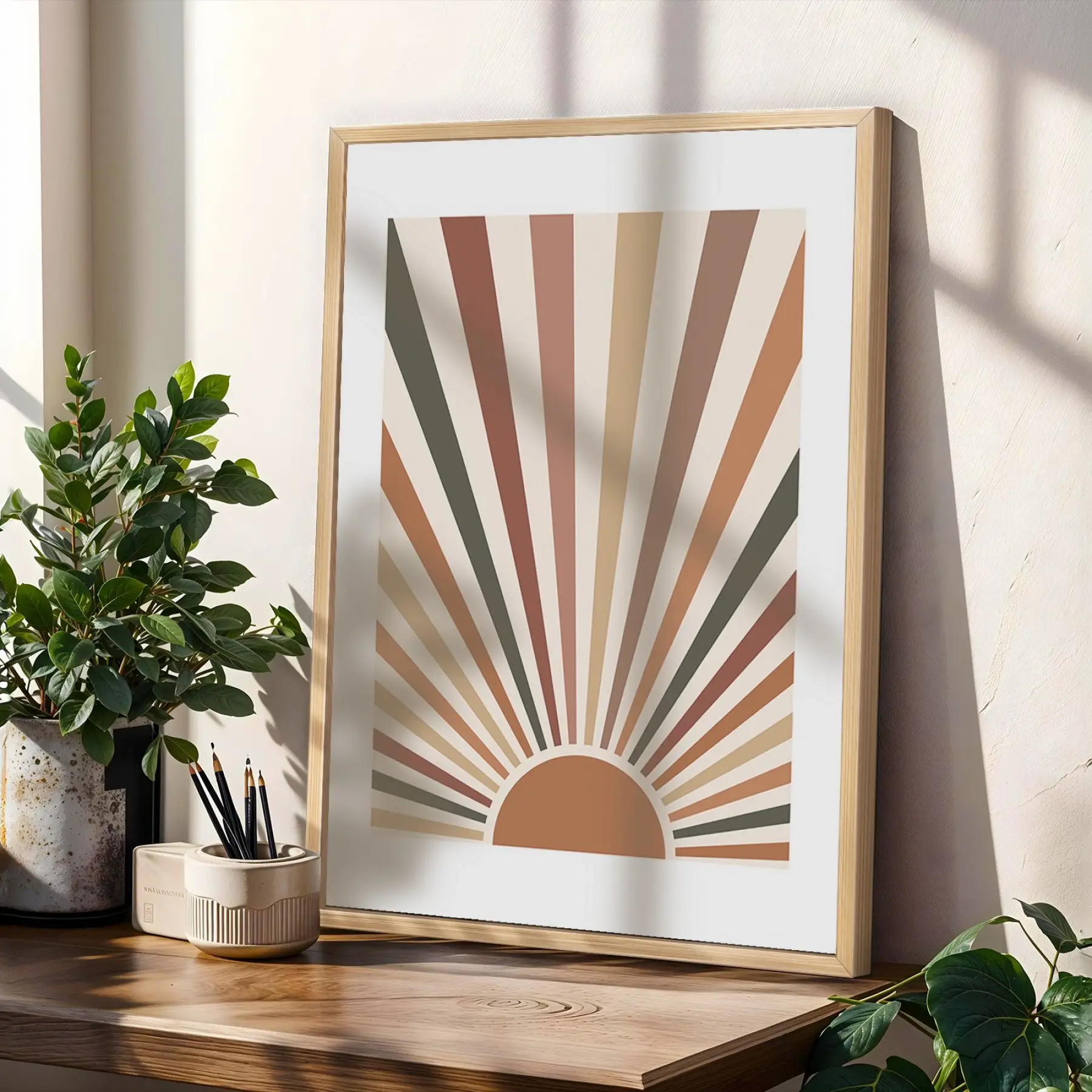 Toprak Tonları Güneş Ay 3lü Ahşap Çerçeveli Tablo Seti Poster Tablo Duvar Tablo Ev Dekorasyonu