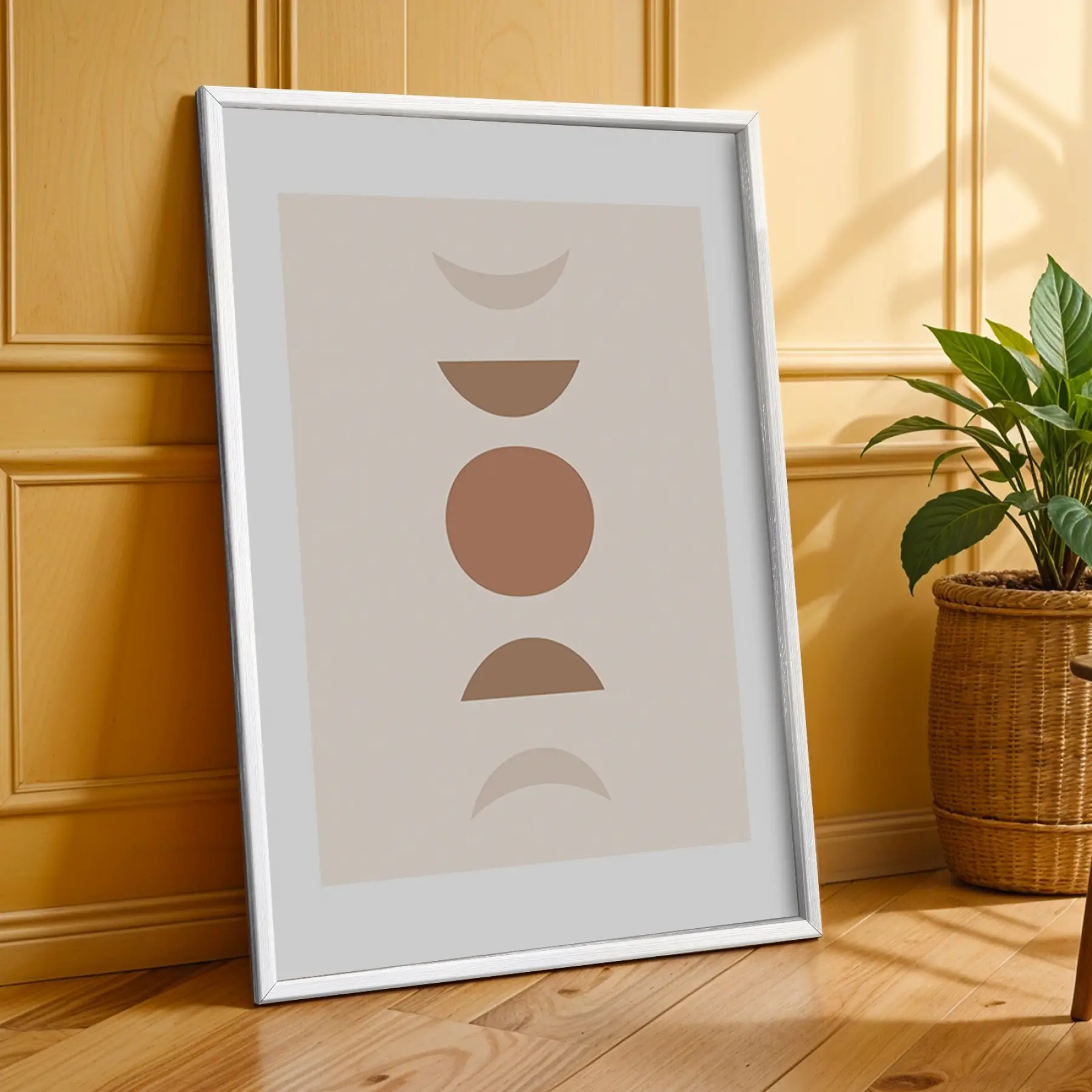 Toprak Tonları Güneş Ay 3lü Beyaz Çerçeveli Tablo Seti Poster Tablo Resim Çerçevesi Dekoratif Obje