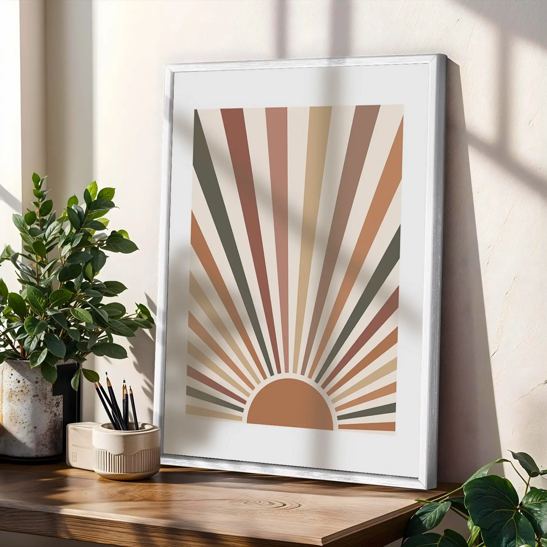 Toprak Tonları Güneş Ay 3lü Beyaz Çerçeveli Tablo Seti Poster Tablo Resim Çerçevesi Dekoratif Obje