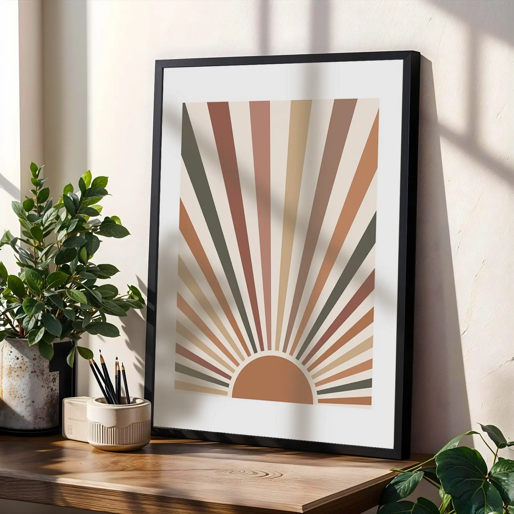 Toprak Tonları Güneş Ay 3lü Siyah Çerçeveli Tablo Seti Salon Duvar Tablo Poster Tablo