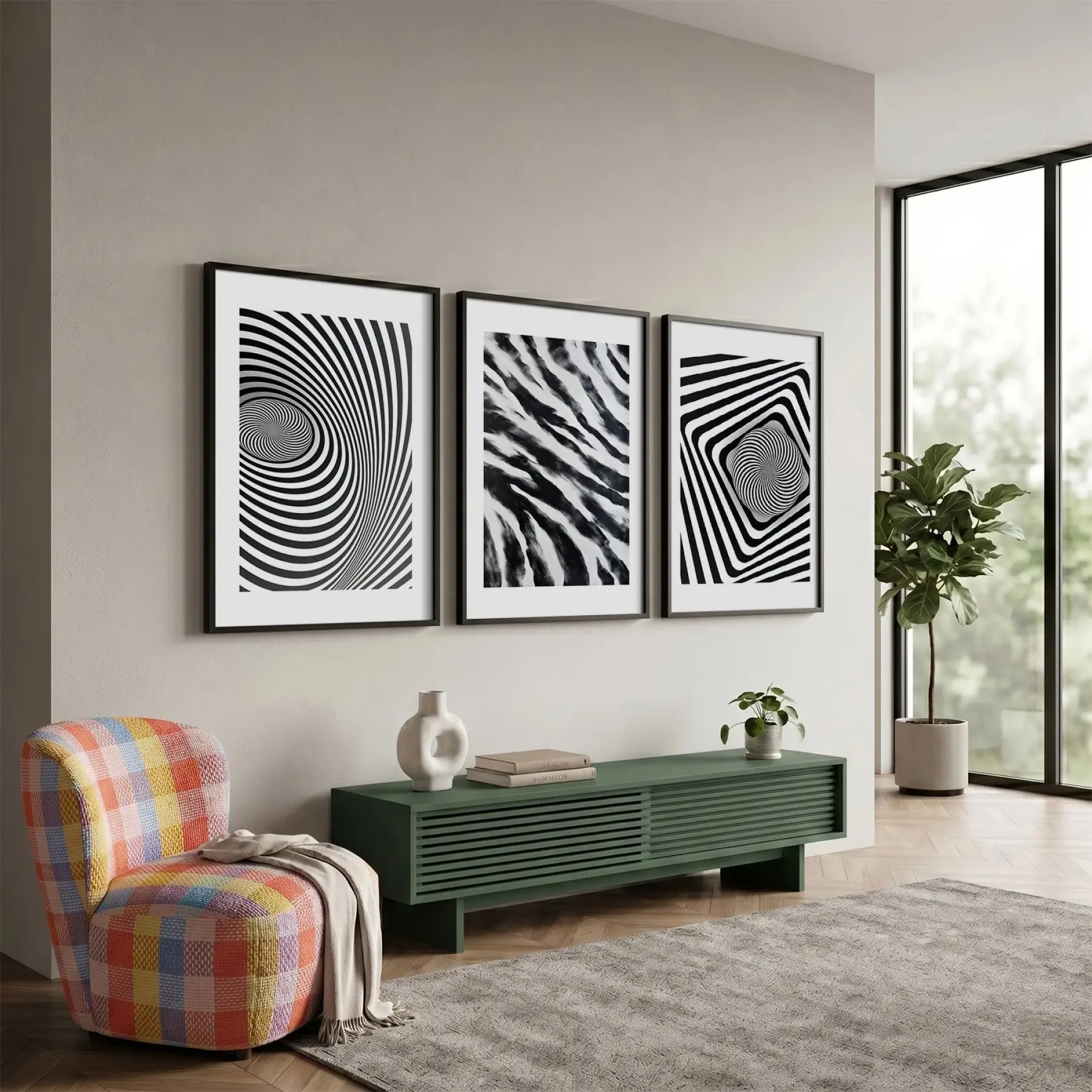 Dinamik Siyah Beyaz Optik Sanat 3lü Siyah Çerçeveli Tablo Seti Tablo Çerçeve Salon Duvar Tablo