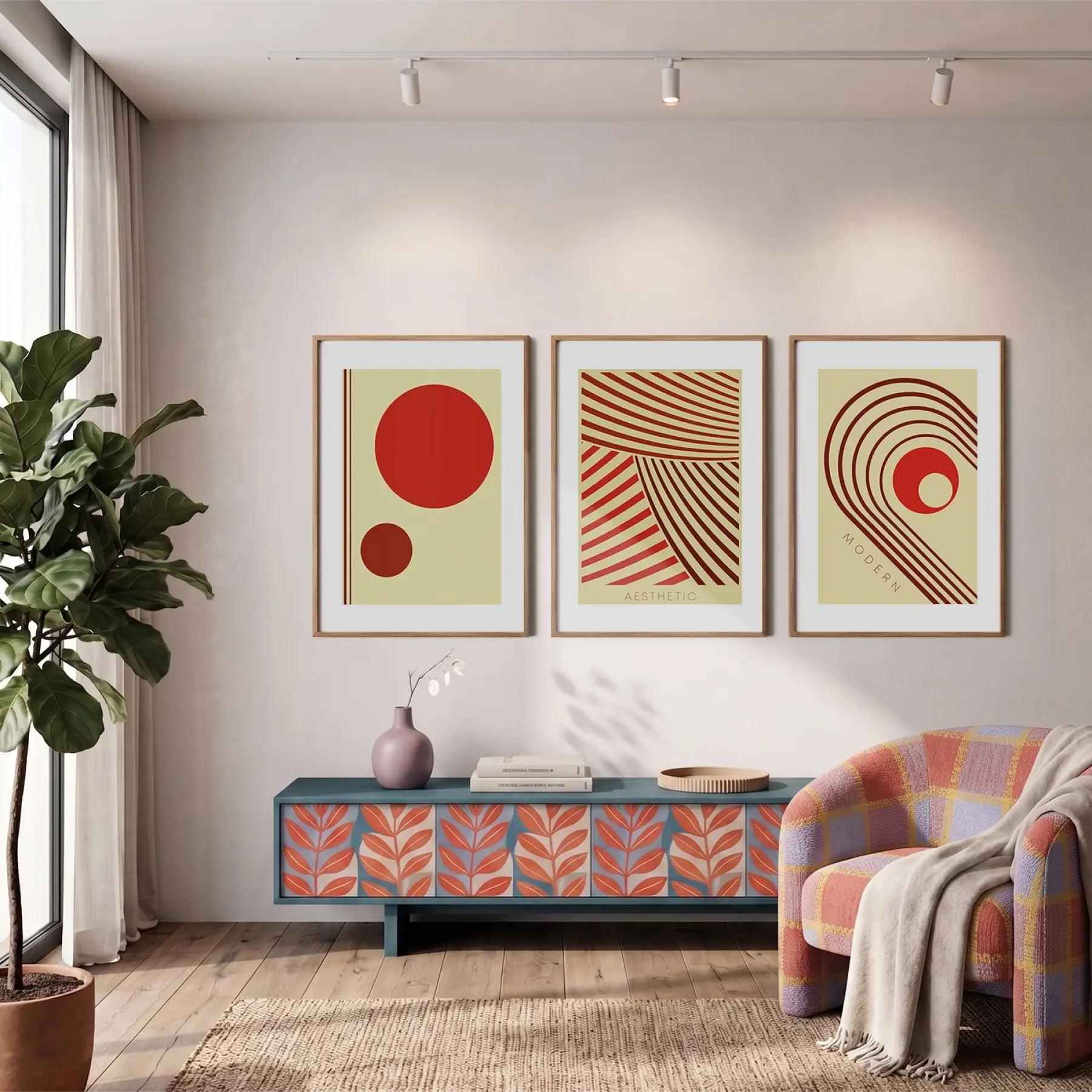Terracotta Geometrik Formlar 3lü Ahşap Çerçeveli Tablo Seti Resim Çerçevesi Tablo Salon