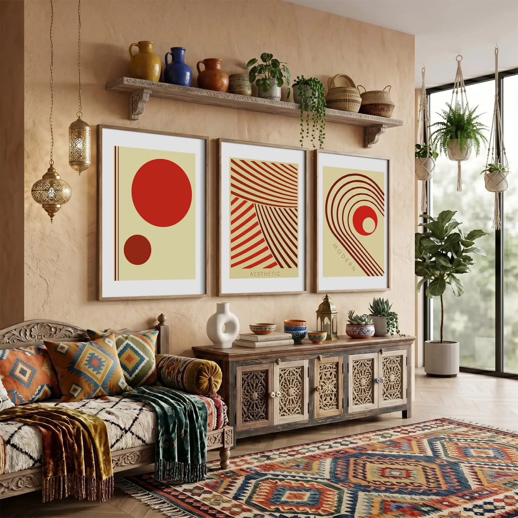 Terracotta Geometrik Formlar 3lü Ahşap Çerçeveli Tablo Seti Resim Çerçevesi Tablo Salon