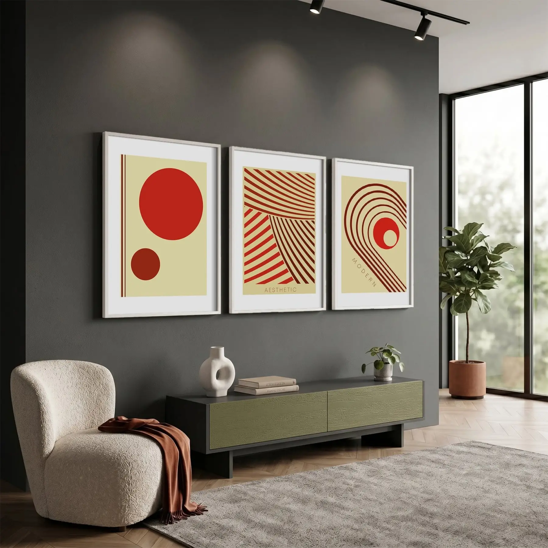 Terracotta Geometrik Formlar 3lü Beyaz Çerçeveli Tablo Seti Poster Tablo Duvar Tablo Ev Dekorasyonu