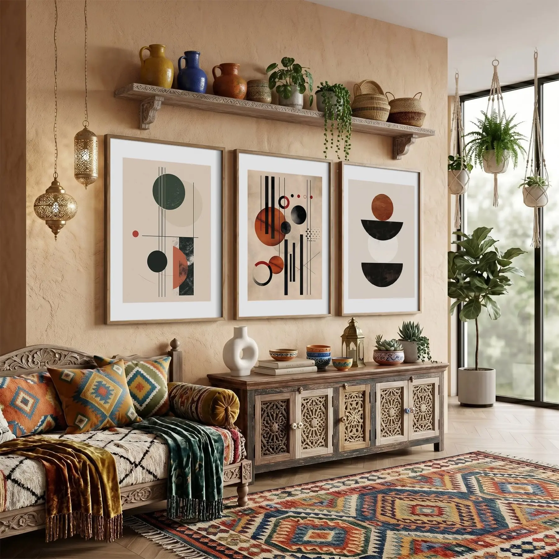 Terracotta Yeşil Geometrik Denge 3lü Ahşap Çerçeveli Tablo Seti Duvar Tablo Oda Dekorasyonu