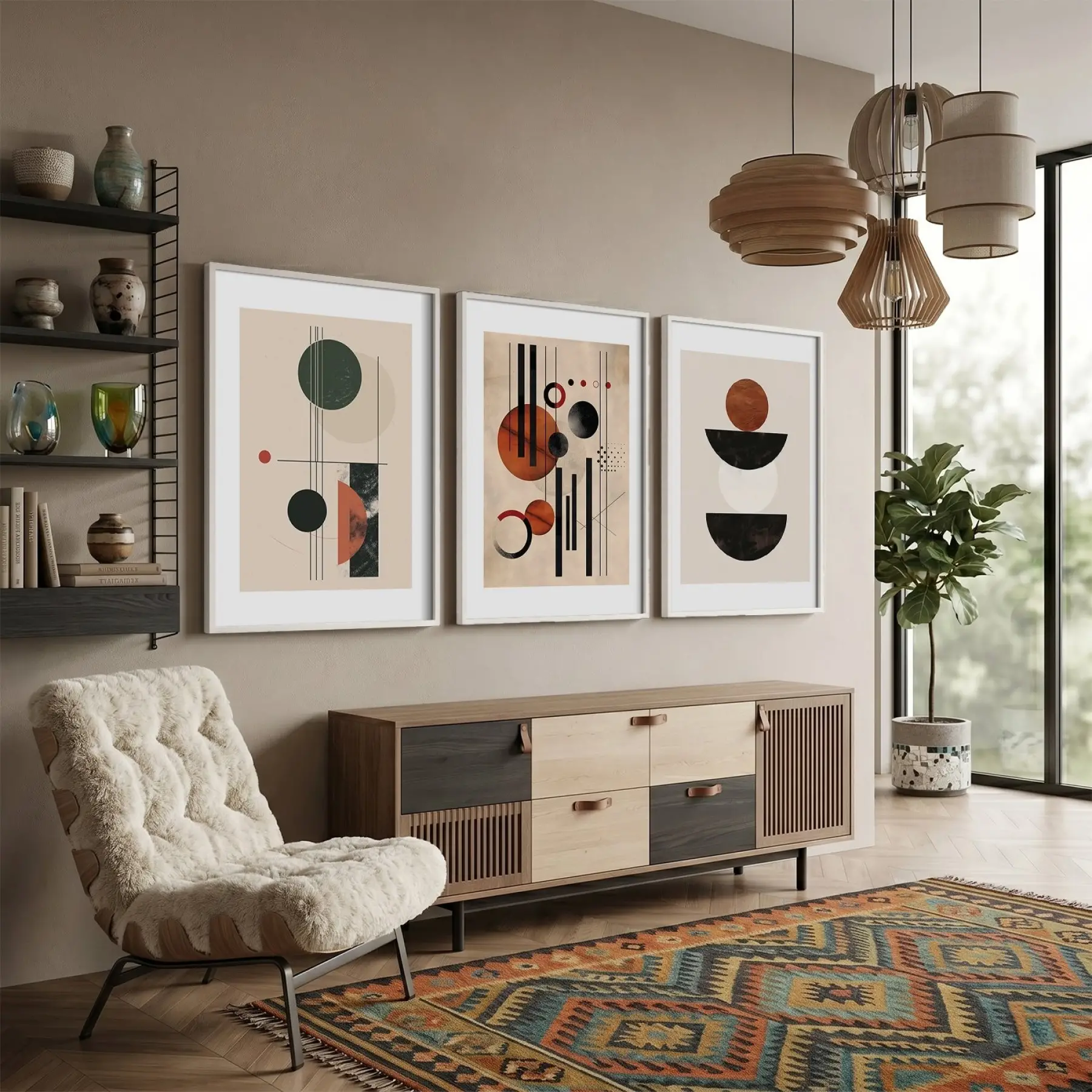 Terracotta Yeşil Geometrik Denge 3lü Beyaz Çerçeveli Tablo Seti Poster Tablo Resim Çerçevesi