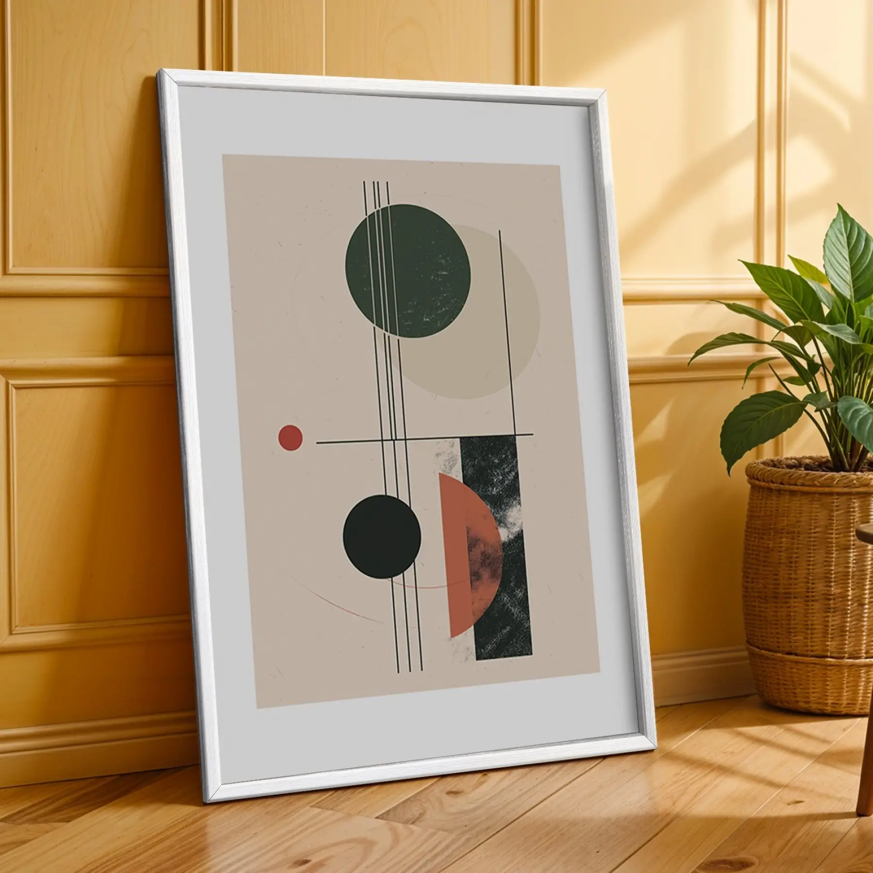 Terracotta Yeşil Geometrik Denge 3lü Beyaz Çerçeveli Tablo Seti Poster Tablo Resim Çerçevesi