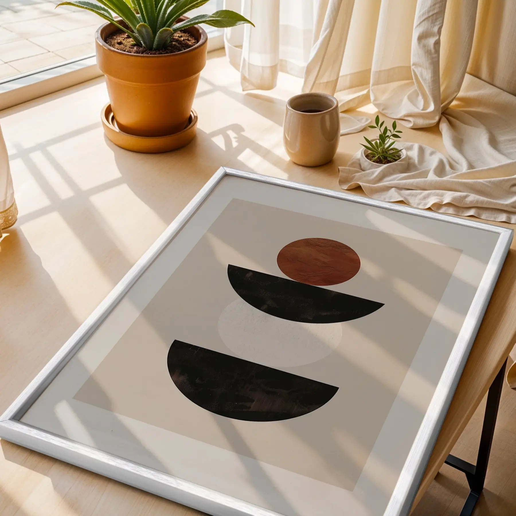 Terracotta Yeşil Geometrik Denge 3lü Beyaz Çerçeveli Tablo Seti Poster Tablo Resim Çerçevesi