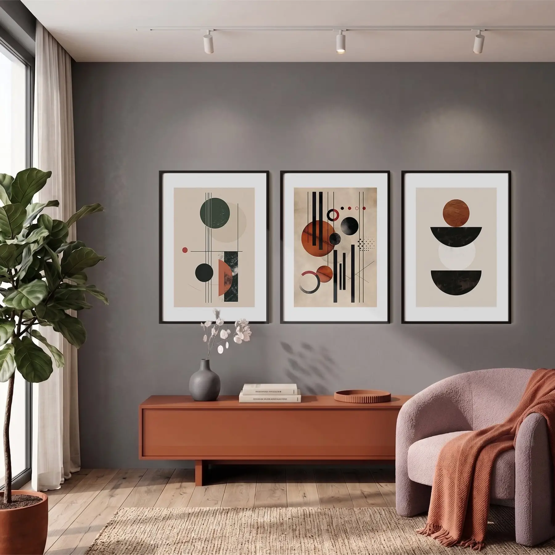 Terracotta Yeşil Geometrik Denge 3lü Siyah Çerçeveli Tablo Seti Poster Tablo Resim Çerçevesi