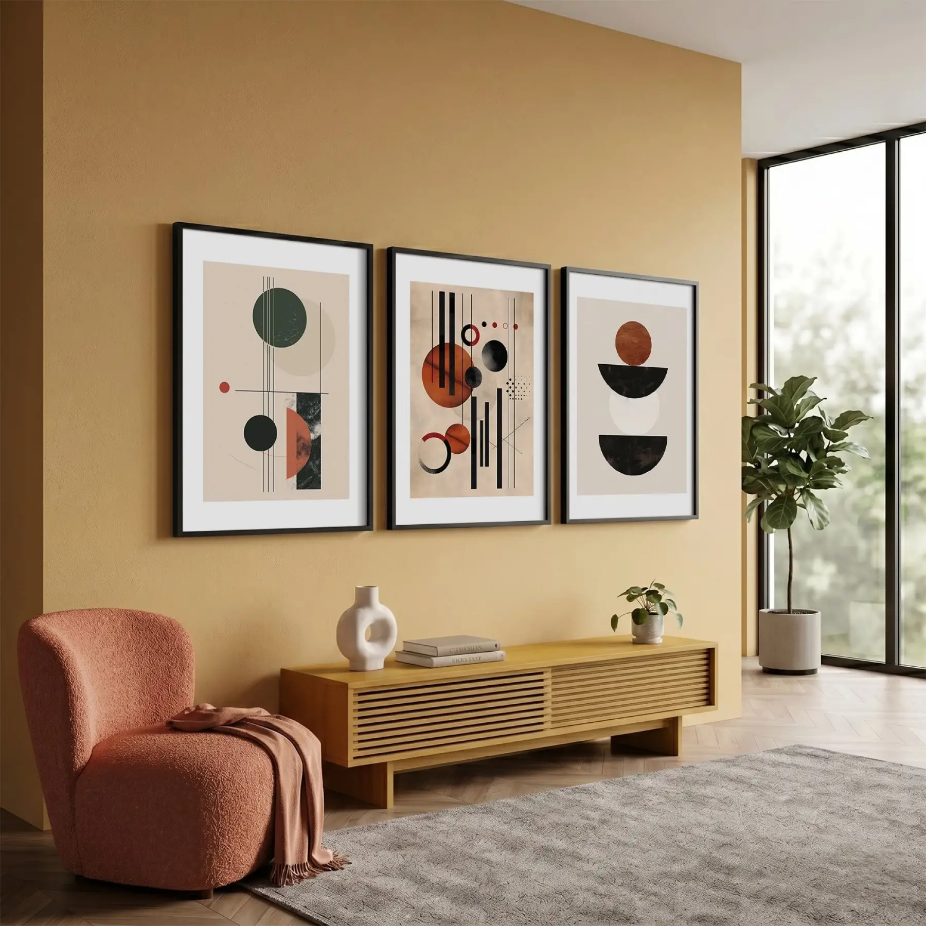 Terracotta Yeşil Geometrik Denge 3lü Siyah Çerçeveli Tablo Seti Poster Tablo Resim Çerçevesi
