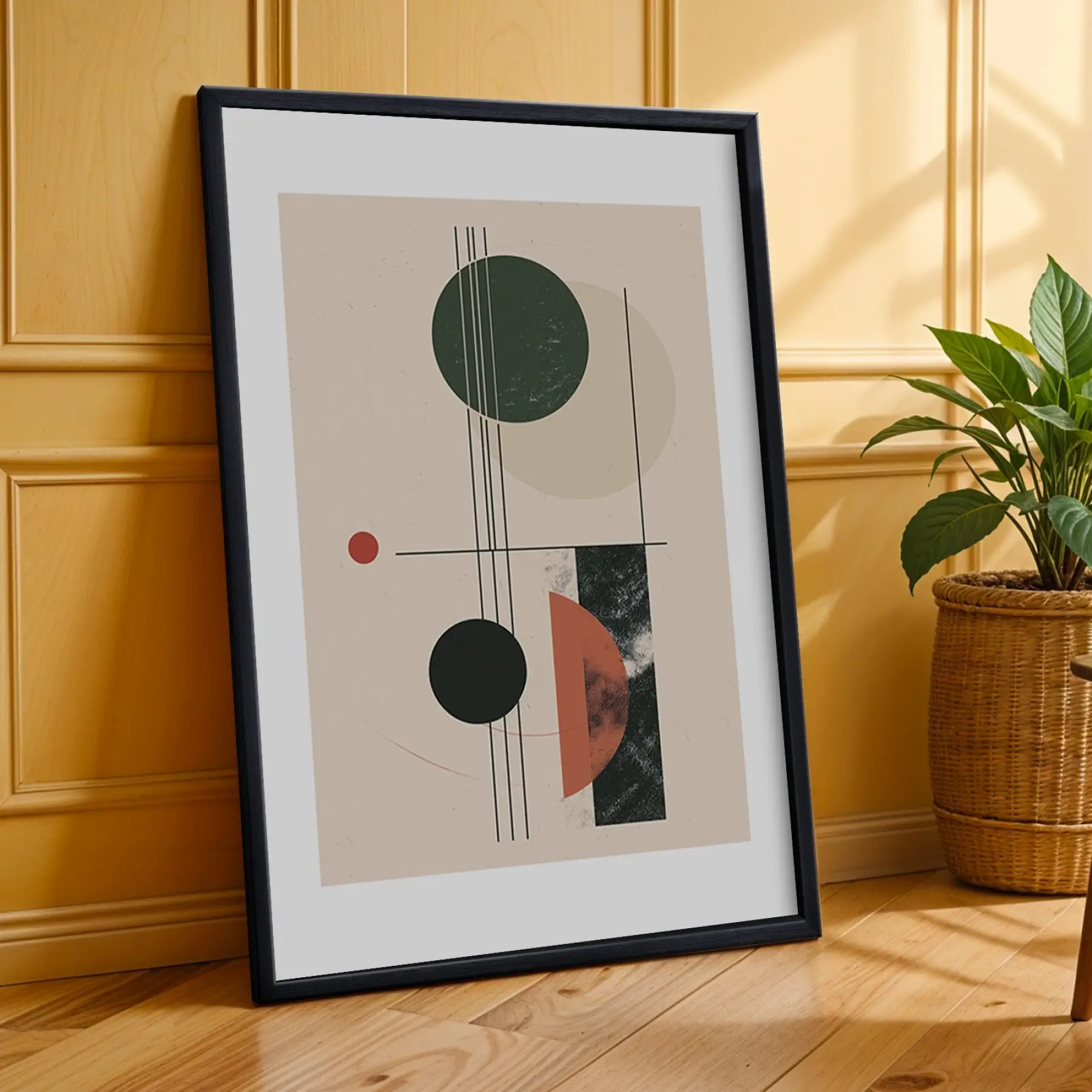 Terracotta Yeşil Geometrik Denge 3lü Siyah Çerçeveli Tablo Seti Poster Tablo Resim Çerçevesi