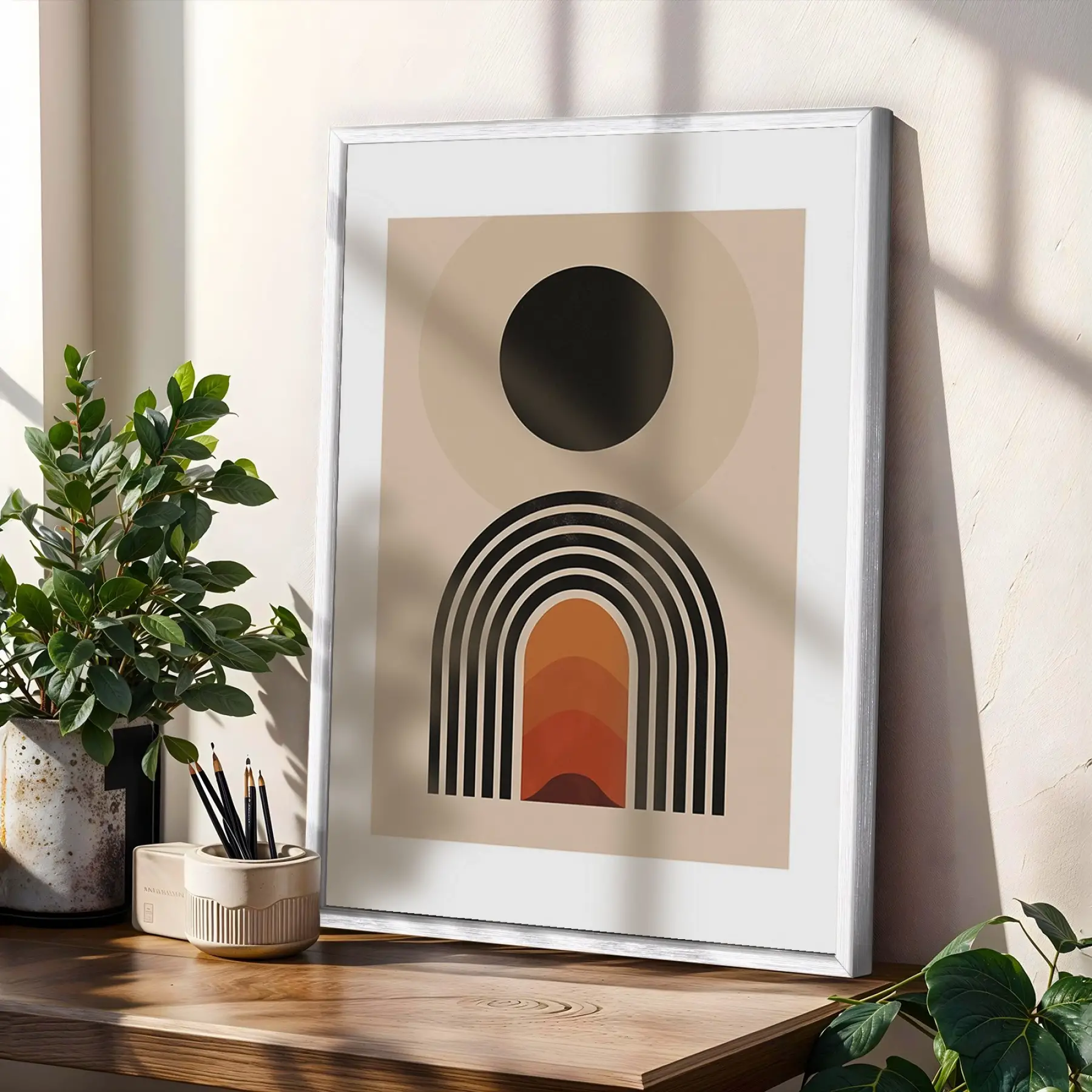 Geometrik Toprak Tonları Yay Seti 3lü Beyaz Çerçeveli Tablo Seti Duvar Tablo Oda Dekorasyonu