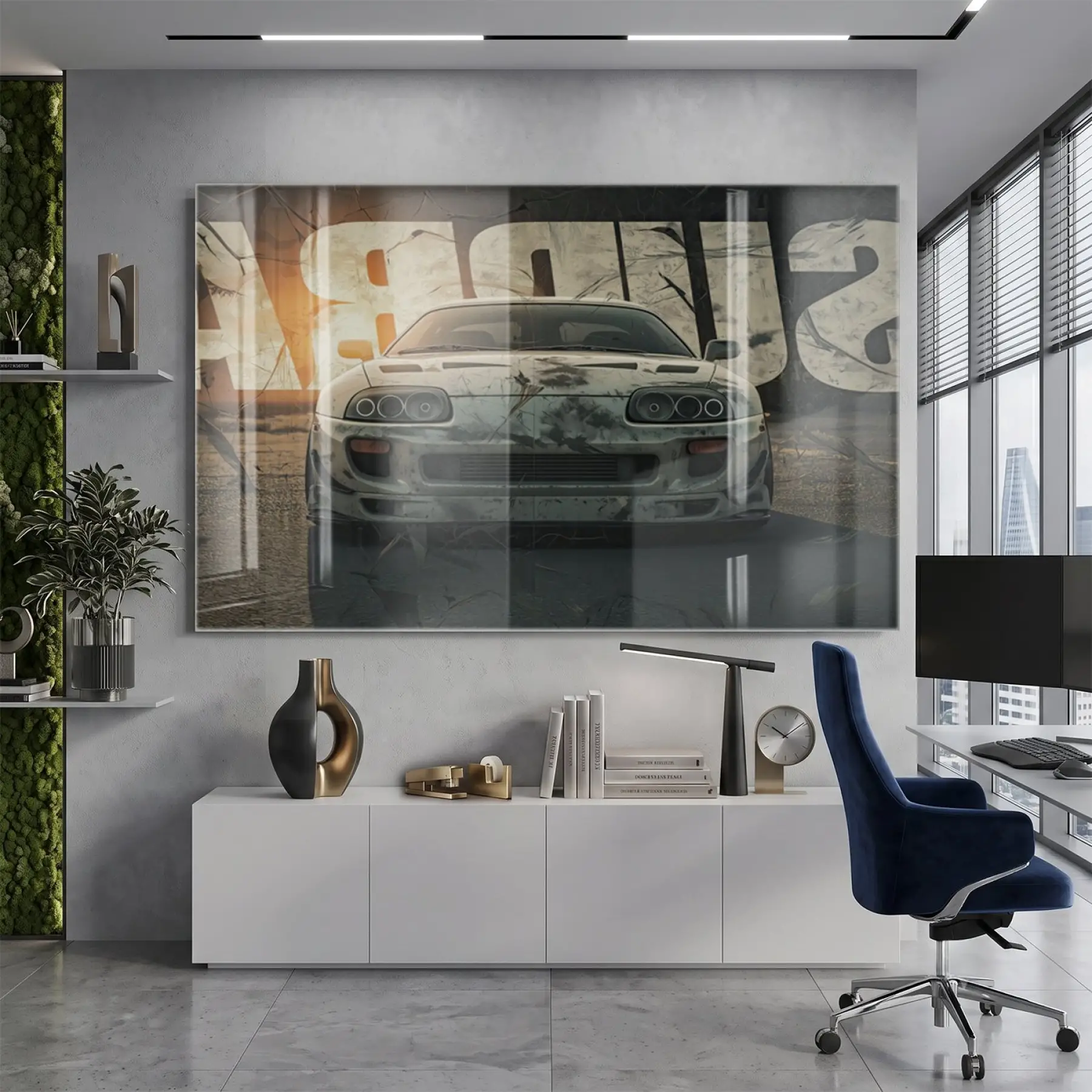Supra Araba Kentsel Gri Tonlar Tekli Cam Tablo Salon Oturma Odası Duvar Dekoru