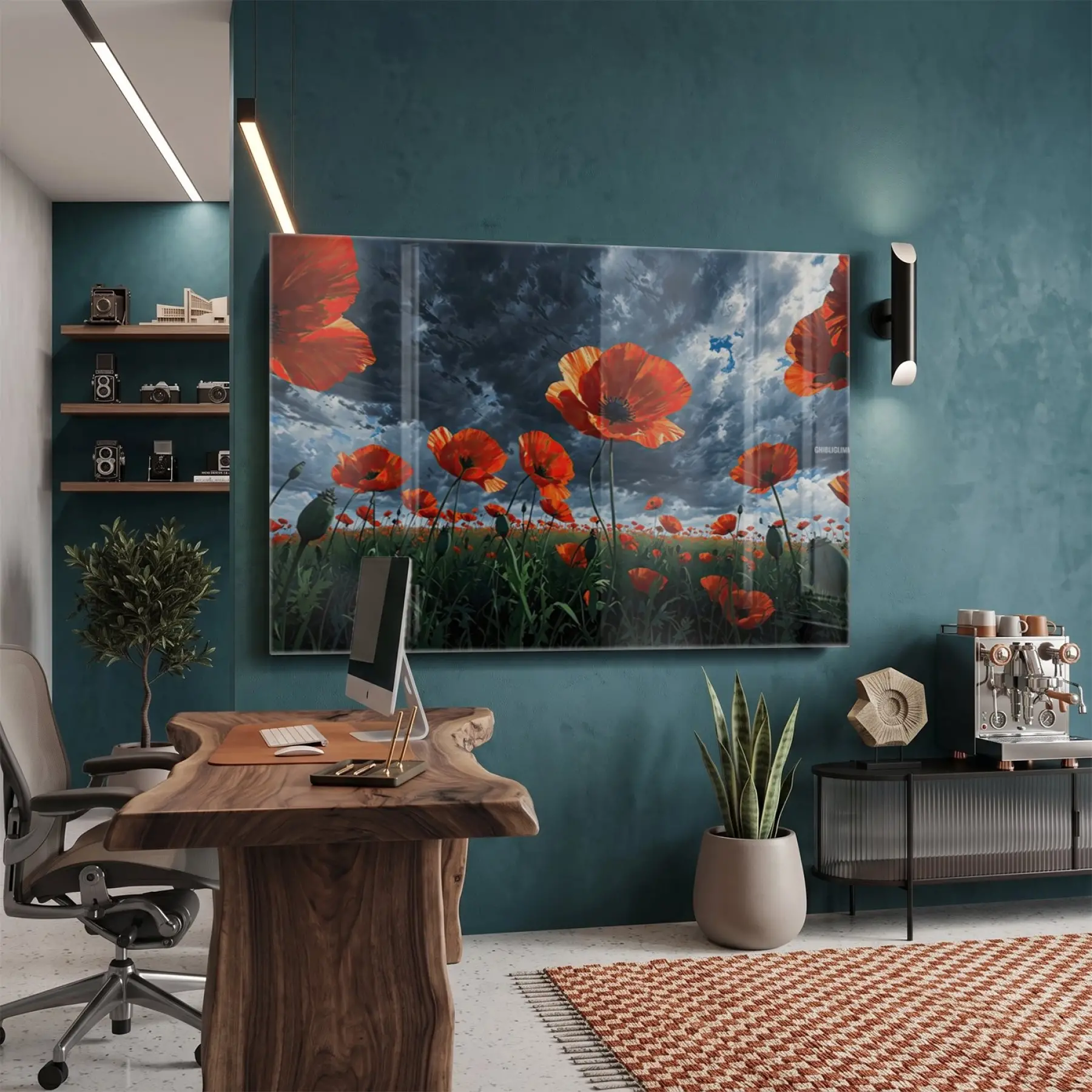 Gelincik Tarlası Kızıl Koyu Tonlar Tekli Cam Tablo Duvar Salon Aksesuarları