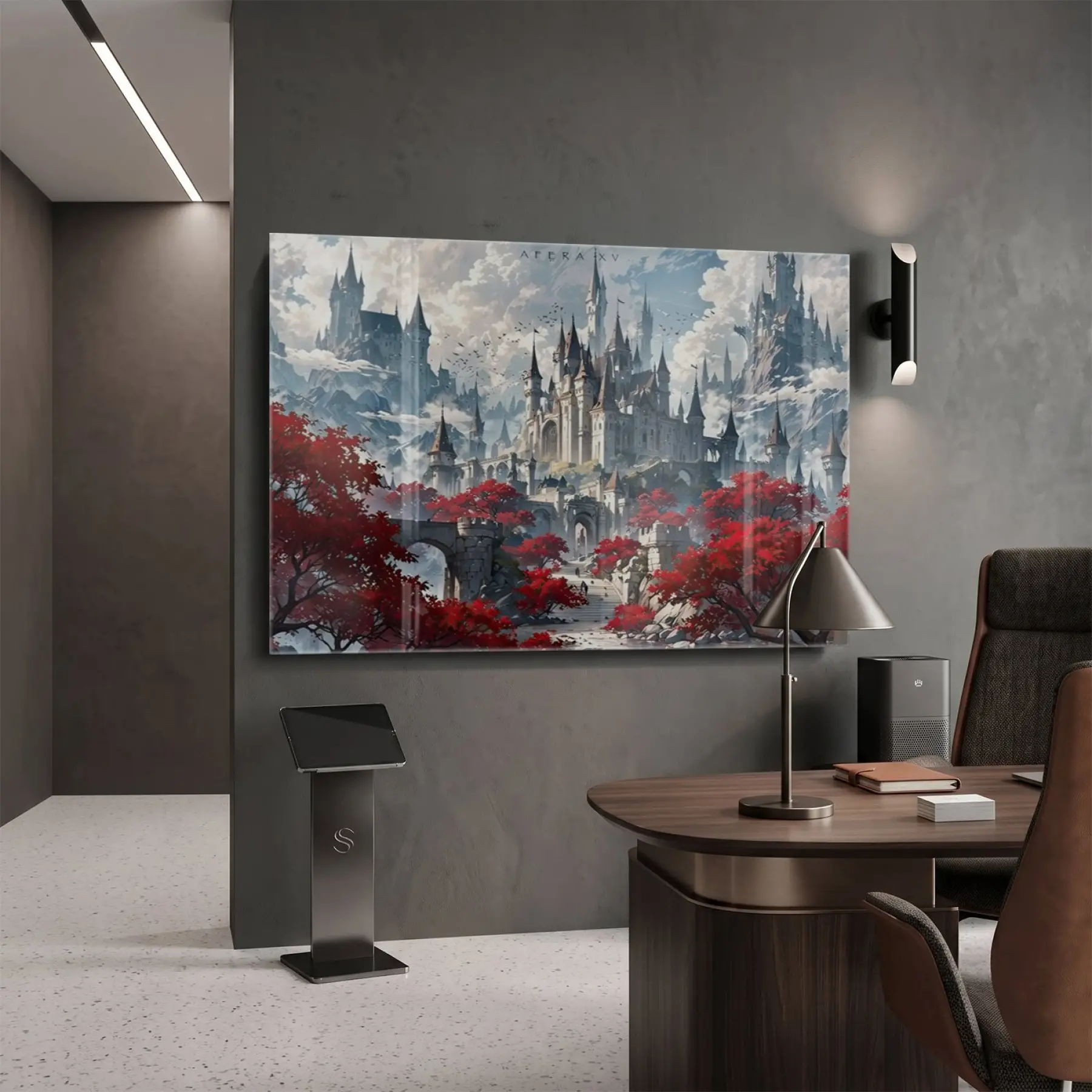 Fantastik Kale Mistik Soğuk Kızıl Tekli Cam Tablo Salon Oturma Odası Duvar Dekoru