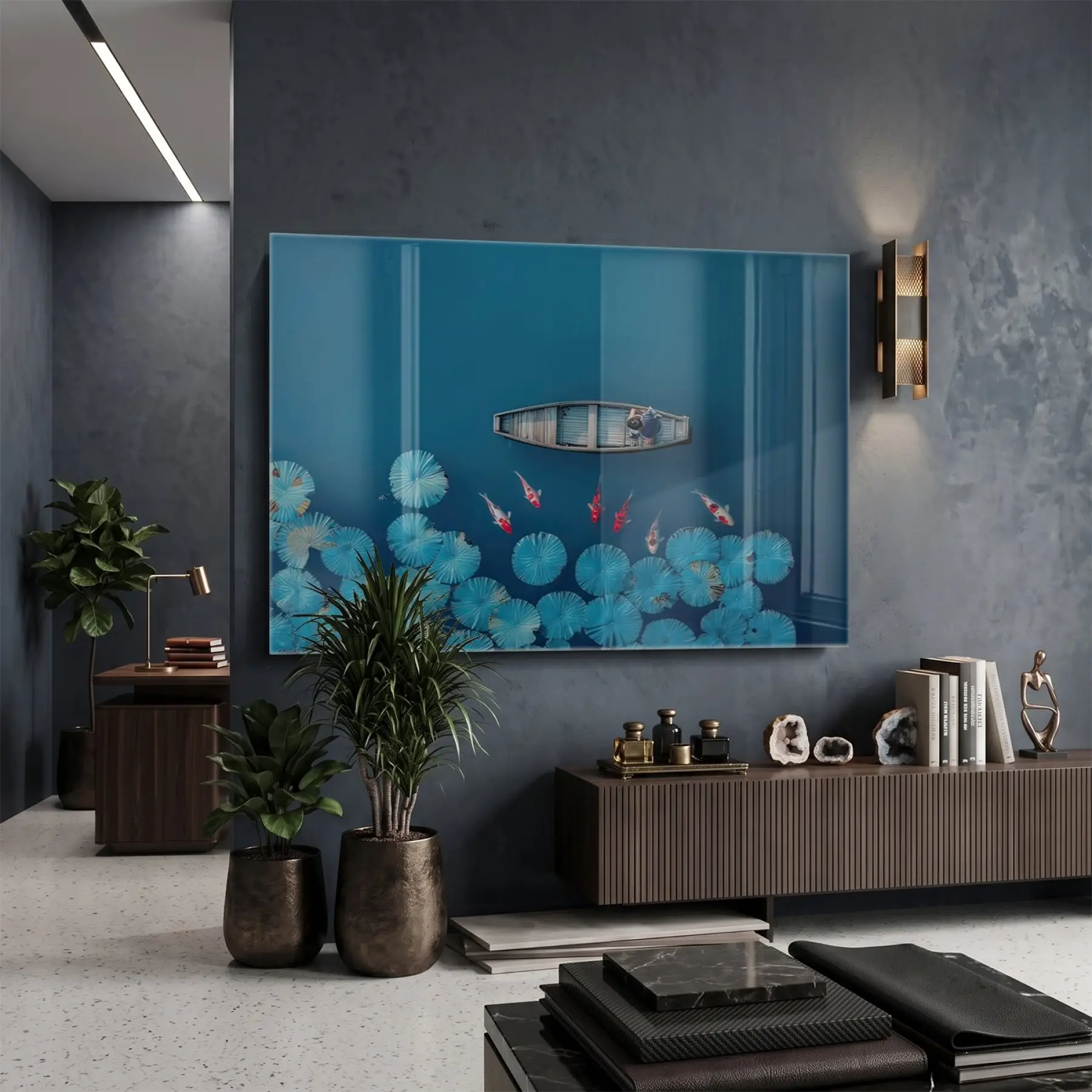 Koi Lotus Derin Mavi Tonları Tekli Cam Tablo Ev Dekorasyonu Oda