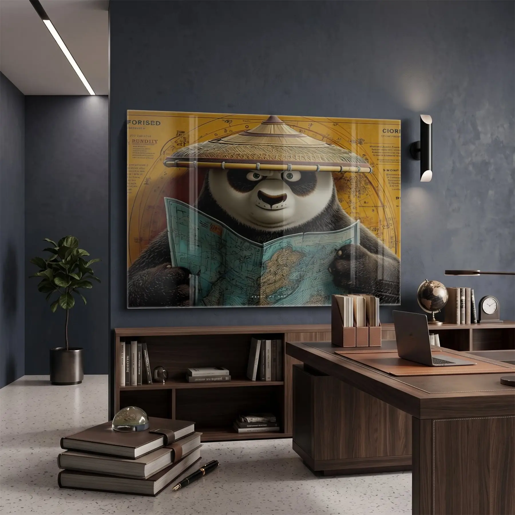 Panda Kaşif Sıcak Sarı Yeşil Tekli Cam Tablo Poster Dekoratif Obje