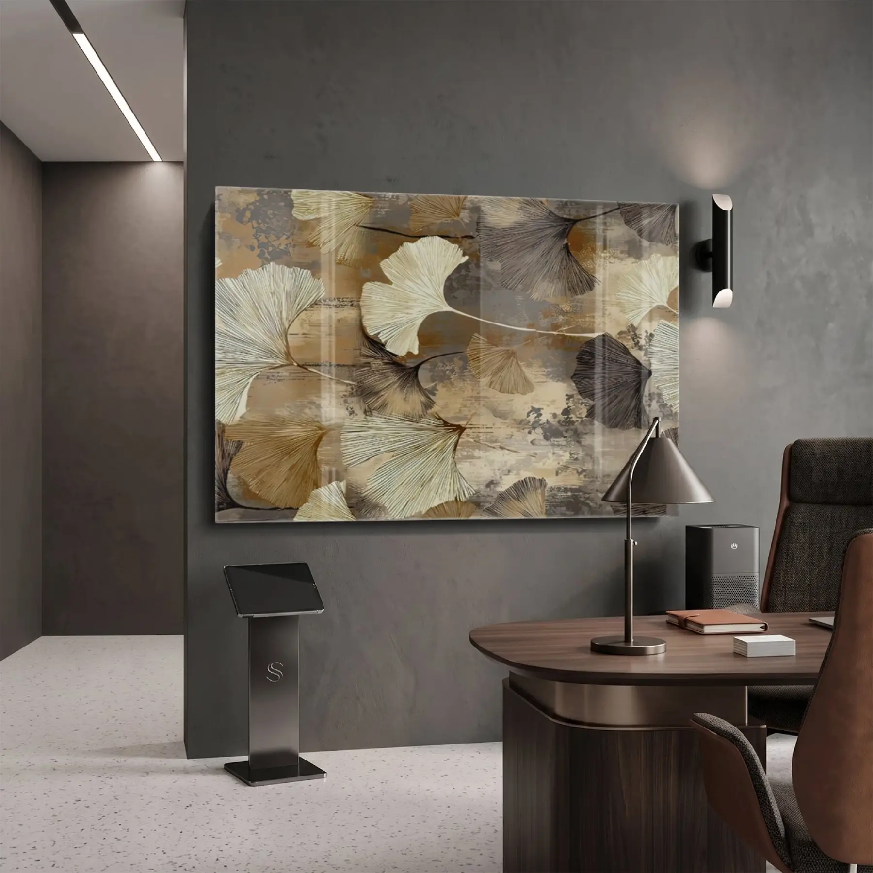 Ginkgo Yaprakları Doğal Kahve Tonları Tekli Cam Tablo Salon Oturma Odası Duvar Dekoru