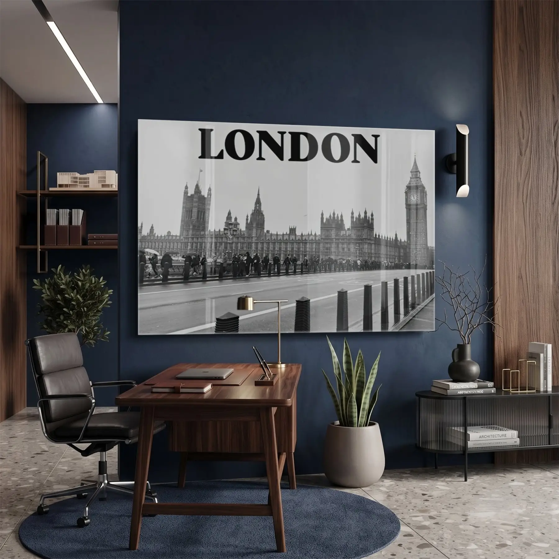 Londra Manzarası Siyah Beyaz Tekli Cam Tablo Yatak Odası Koridor Duvar Dekoru