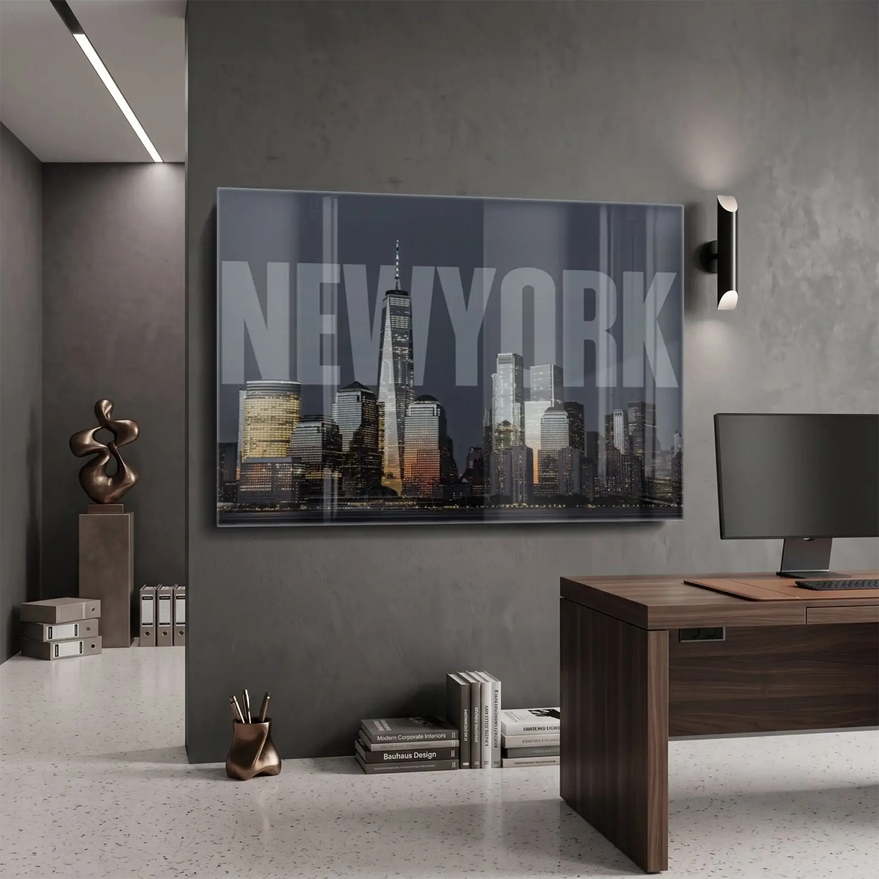 New York Koyu Gece Işıkları Tekli Cam Tablo Ev Dekorasyonu Oda