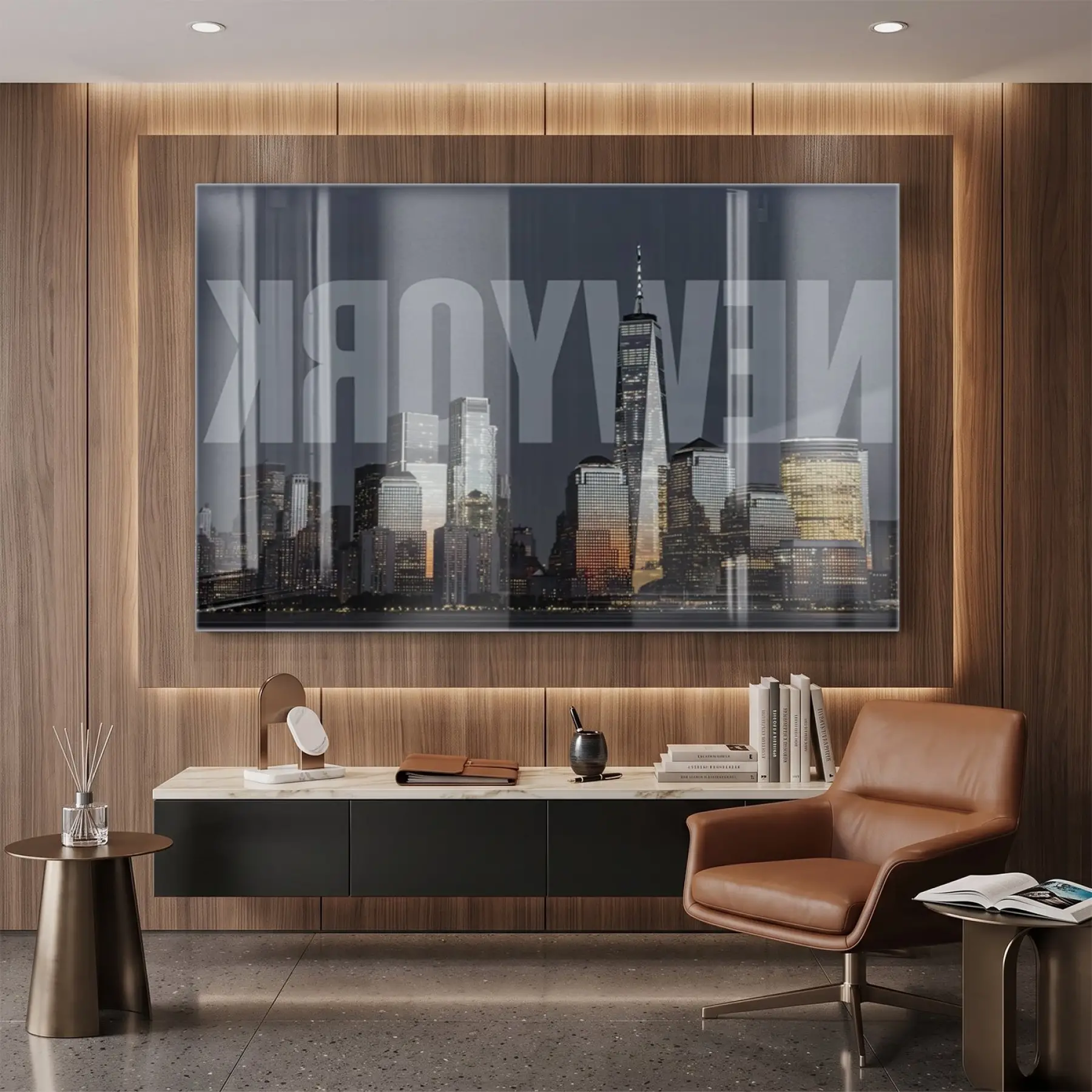 New York Koyu Gece Işıkları Tekli Cam Tablo Ev Dekorasyonu Oda