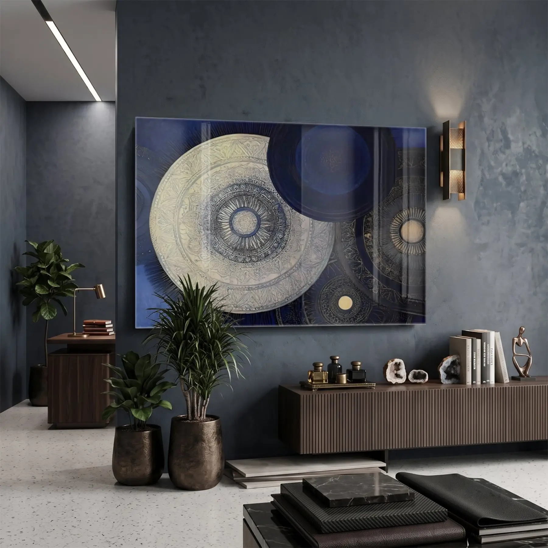 Soyut Mandala Gece Mavisi Altın Tekli Cam Tablo Poster Dekoratif Obje