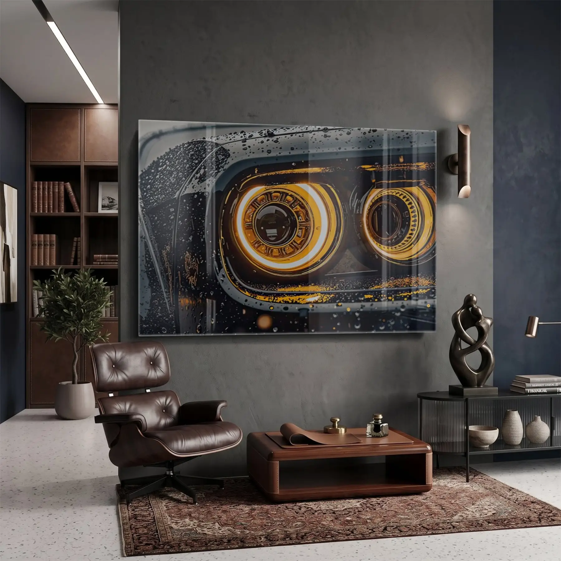 Otomobil Farları Gece Grisi Sarı Tekli Cam Tablo Salon Oturma Odası Duvar Dekoru
