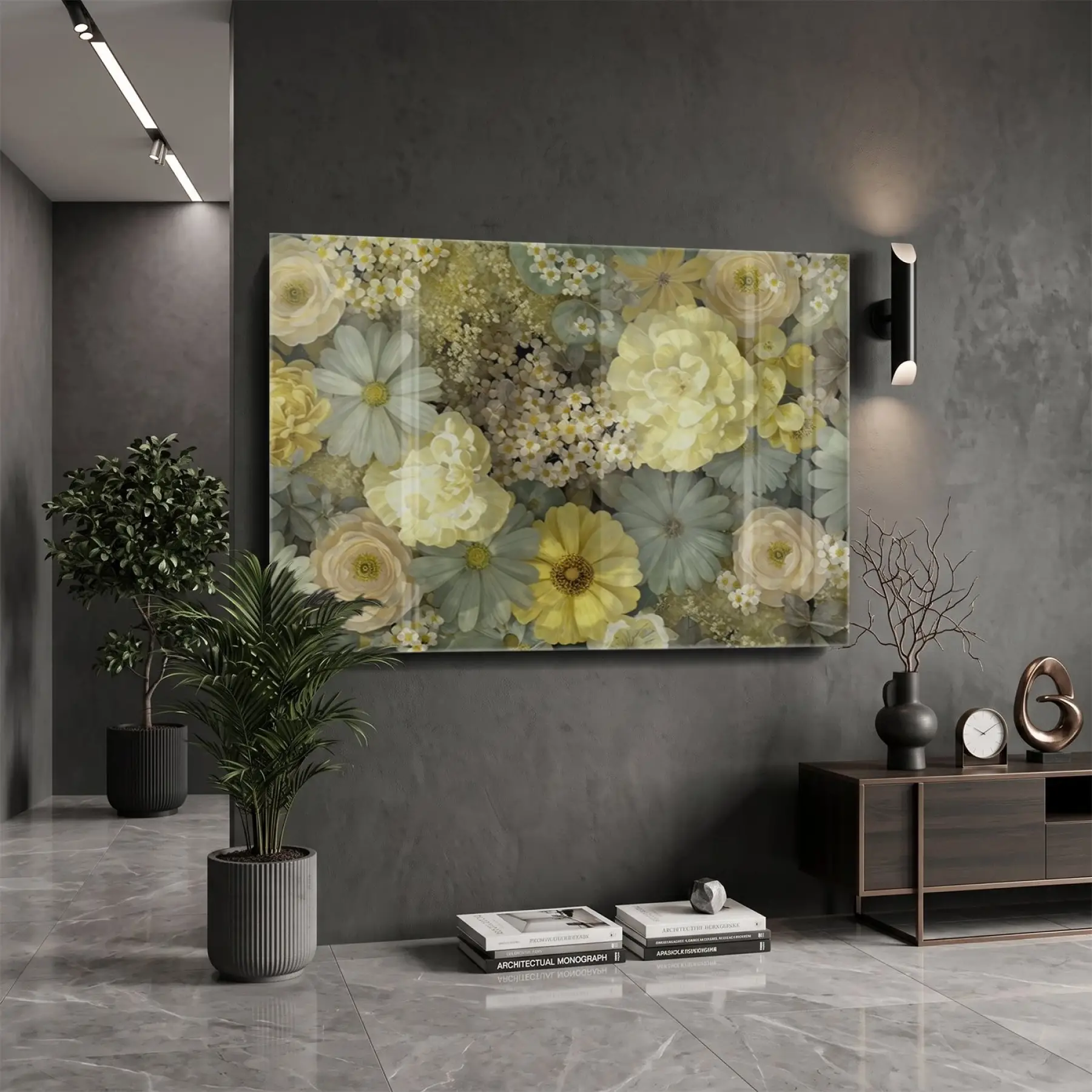 Çiçek Buketi Pastel Sarı Tonlar Tekli Cam Tablo Poster Dekoratif Obje