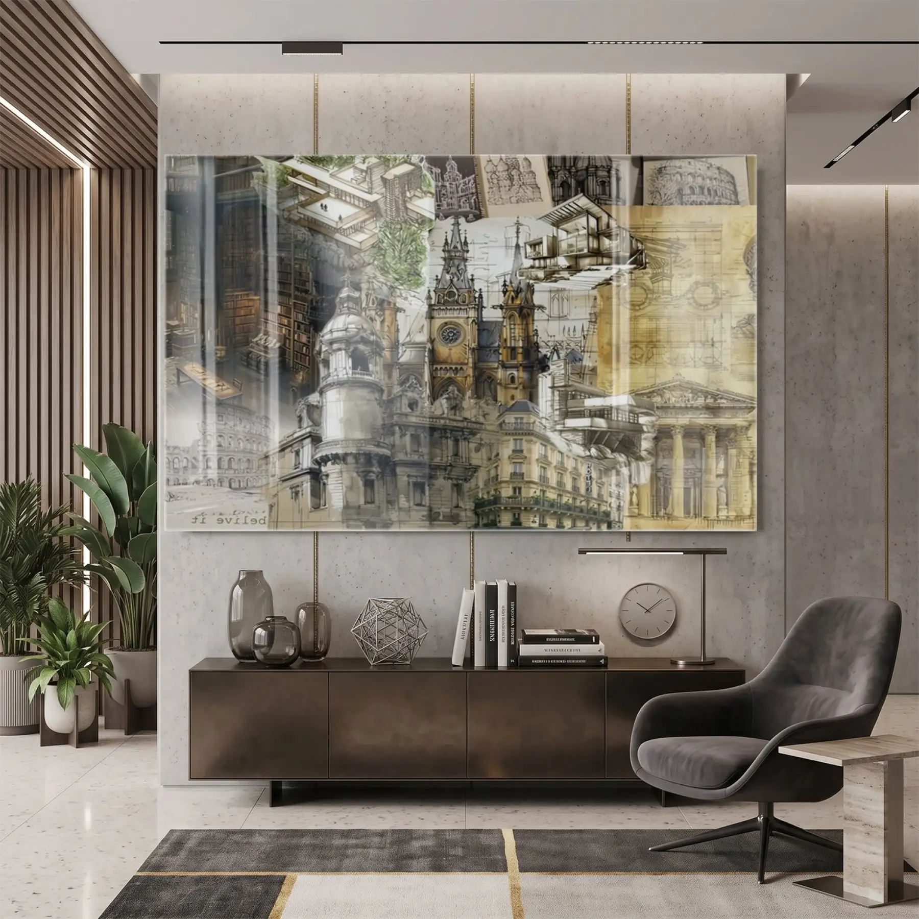 Mimari Kolaj Sepya Vintage Tonlar Tekli Cam Tablo Duvar Salon Aksesuarları