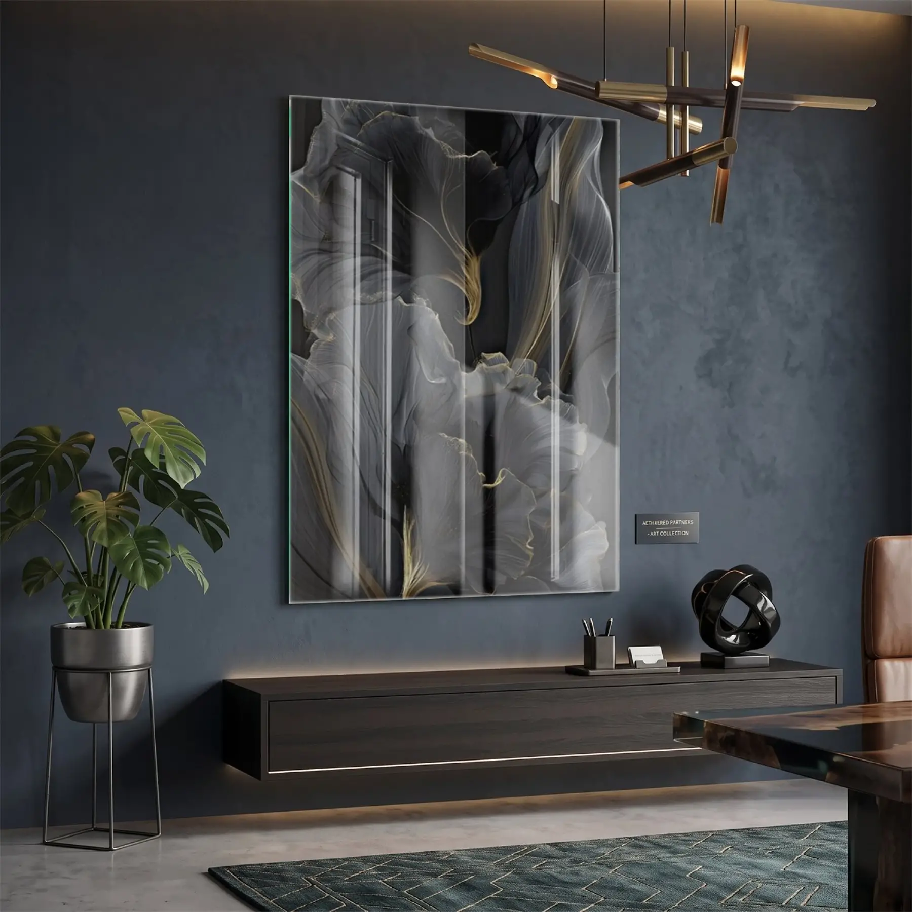 Soyut Yapraklar Antrasit Altın Tonları Tekli Cam Tablo Salon Oturma Odası Duvar Dekoru