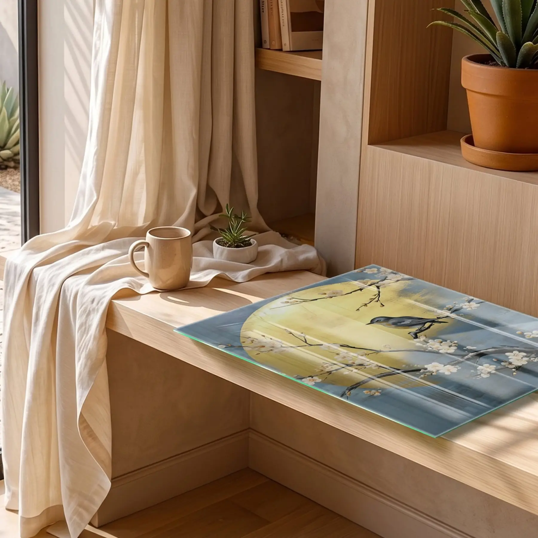 Kuş Çiçekleri Pastel Mavi Sarı Tekli Cam Tablo Salon Oturma Odası Duvar Dekoru