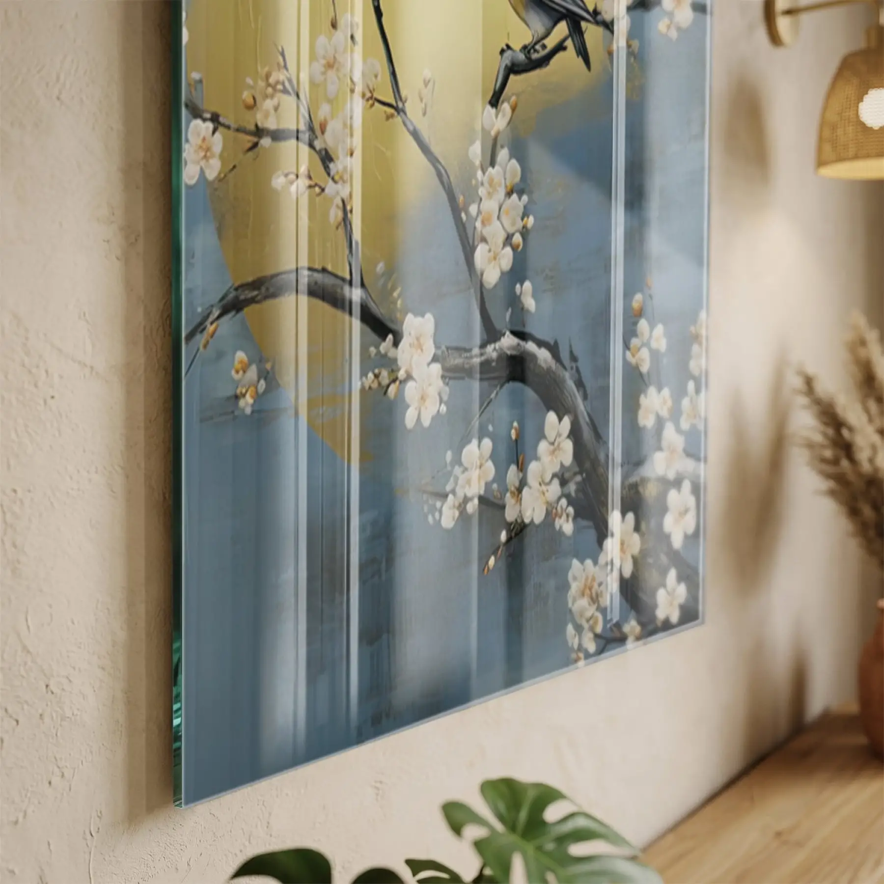 Kuş Çiçekleri Pastel Mavi Sarı Tekli Cam Tablo Salon Oturma Odası Duvar Dekoru