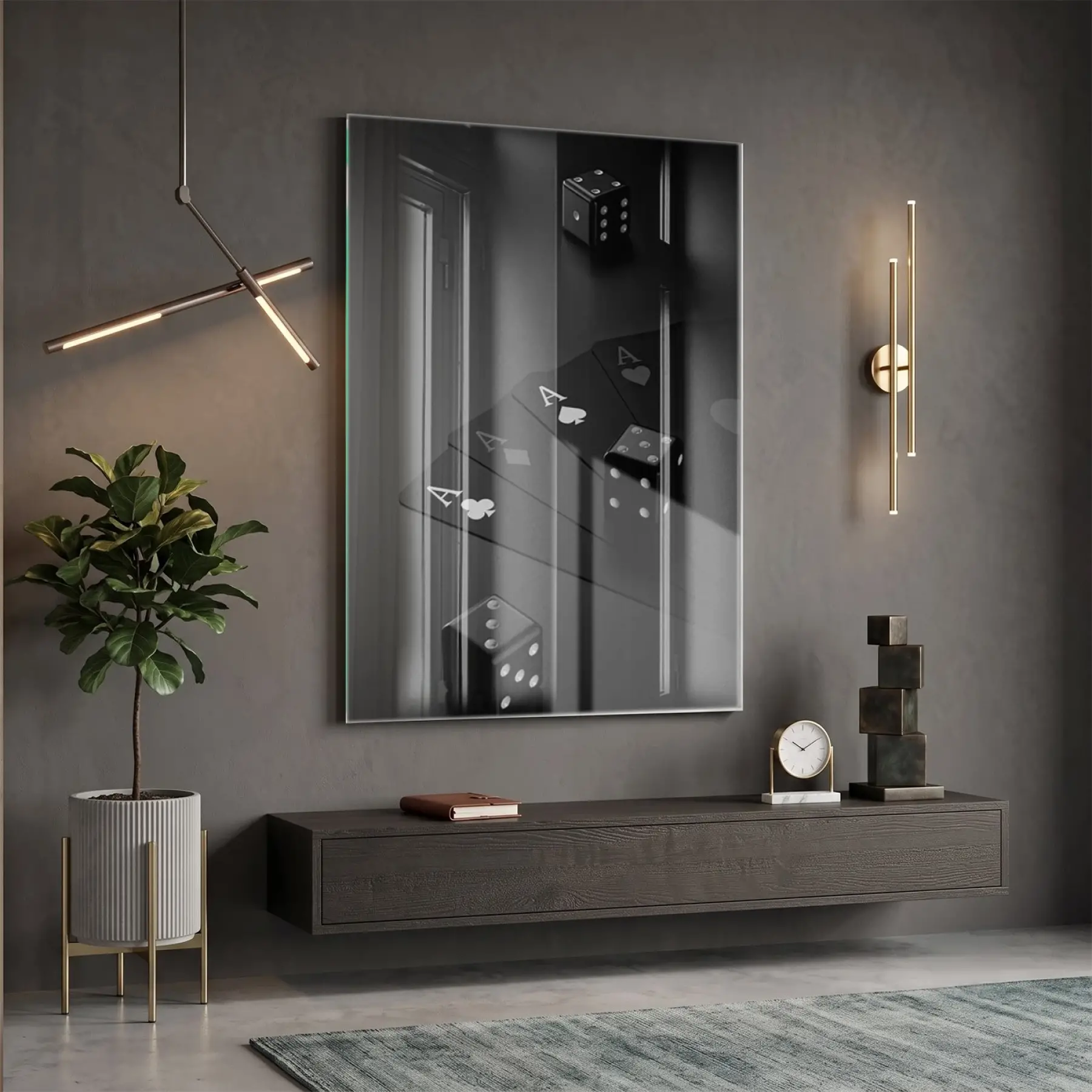 Oyun Kartları Siyah Beyaz Tekli Cam Tablo Duvar Salon Aksesuarları