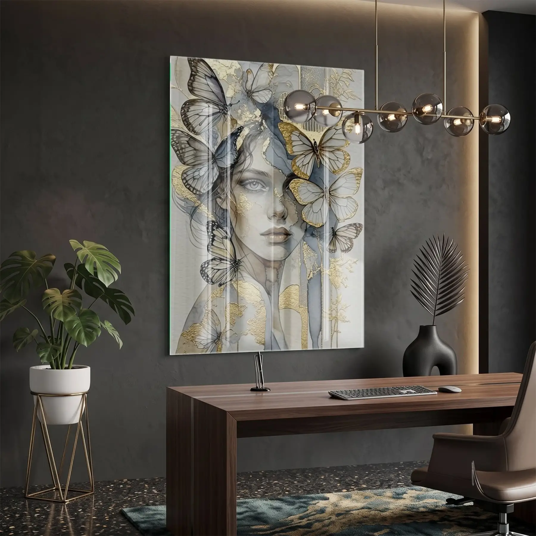 Kadın Kelebekler Altın Gri Tonlar Tekli Cam Tablo Salon Oturma Odası Duvar Dekoru