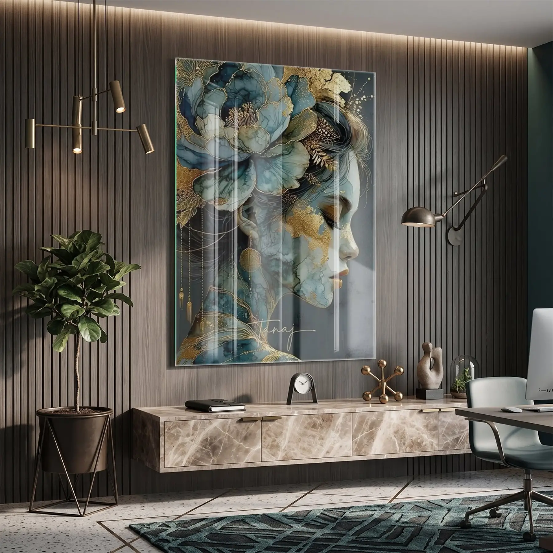 Floral Portre Petrol Mavi Altın Tekli Cam Tablo Duvar Salon Aksesuarları