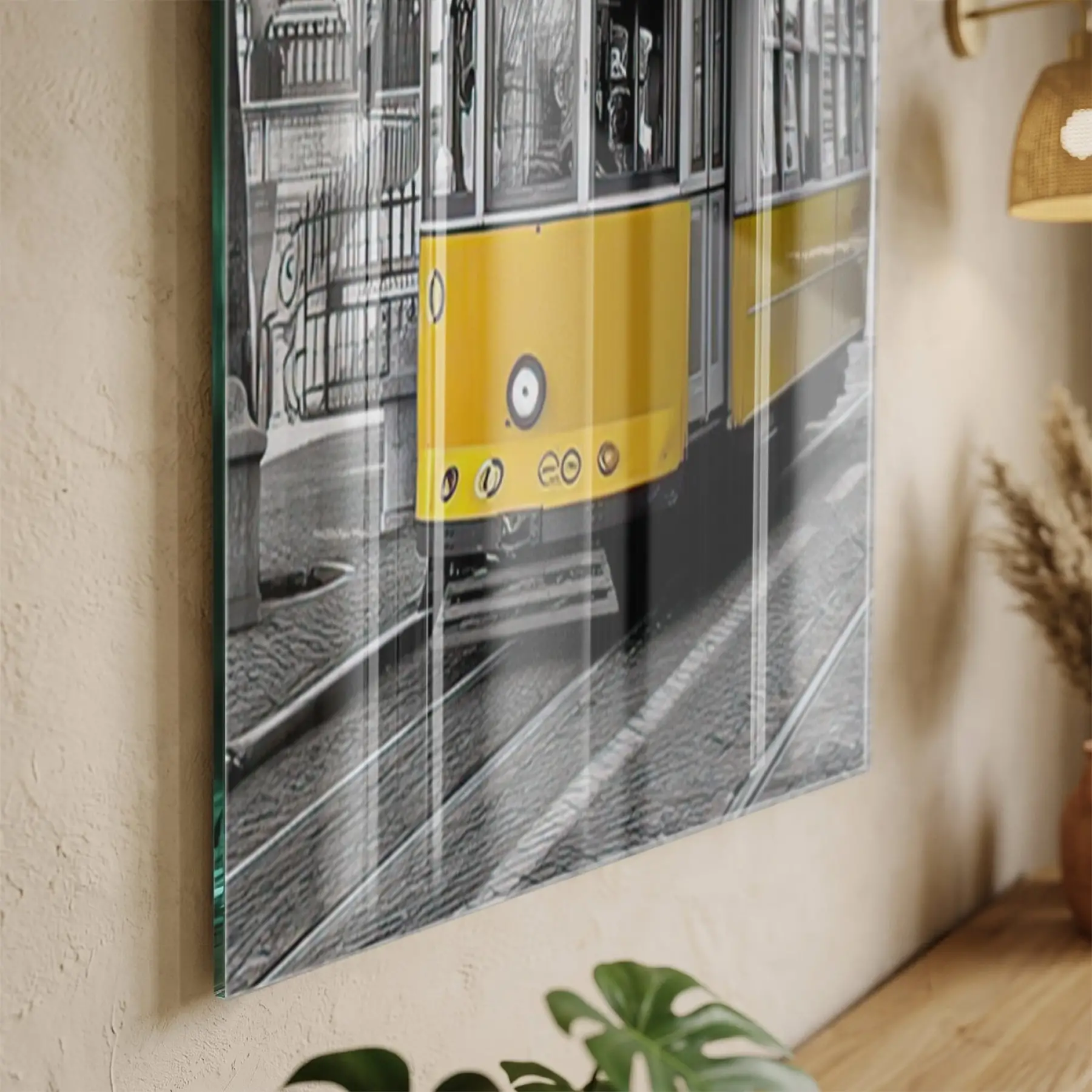 Tramvay Şehir Canlı Sarı Gri Tekli Cam Tablo Ev Dekorasyonu Oda
