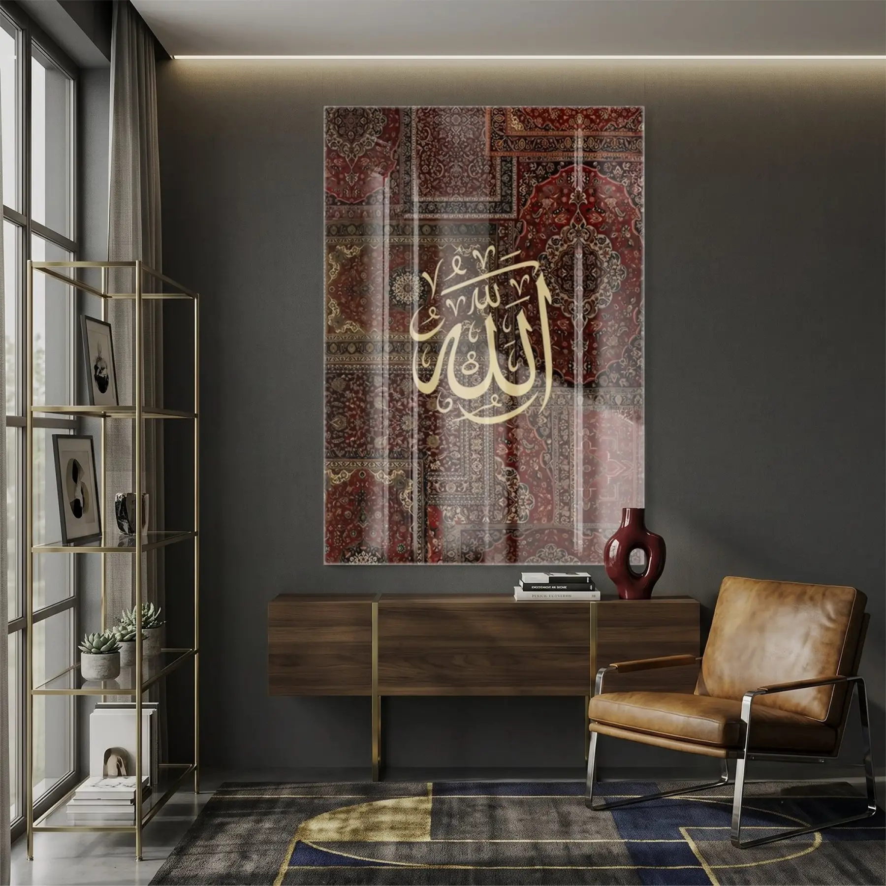 Hat Sanatı Bordo Altın Ton Tekli Cam Tablo Poster Dekoratif Obje