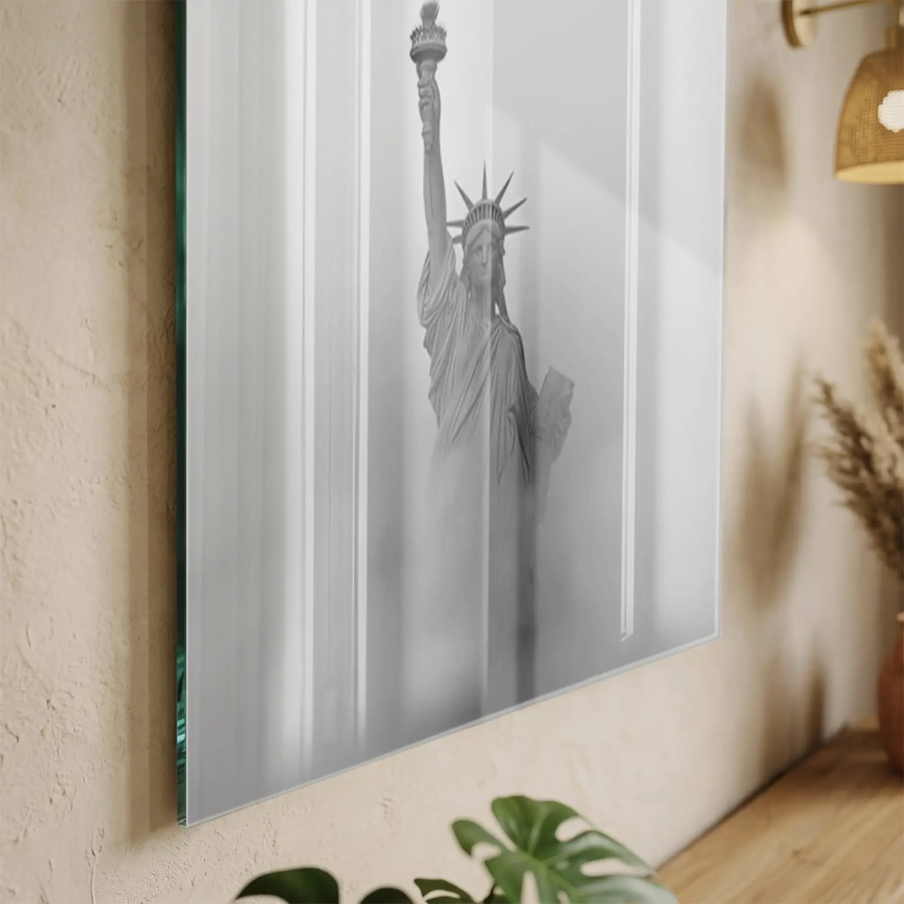 Özgürlük Heykeli Monokrom Gri Tonlar Tekli Cam Tablo Salon Oturma Odası Duvar Dekoru