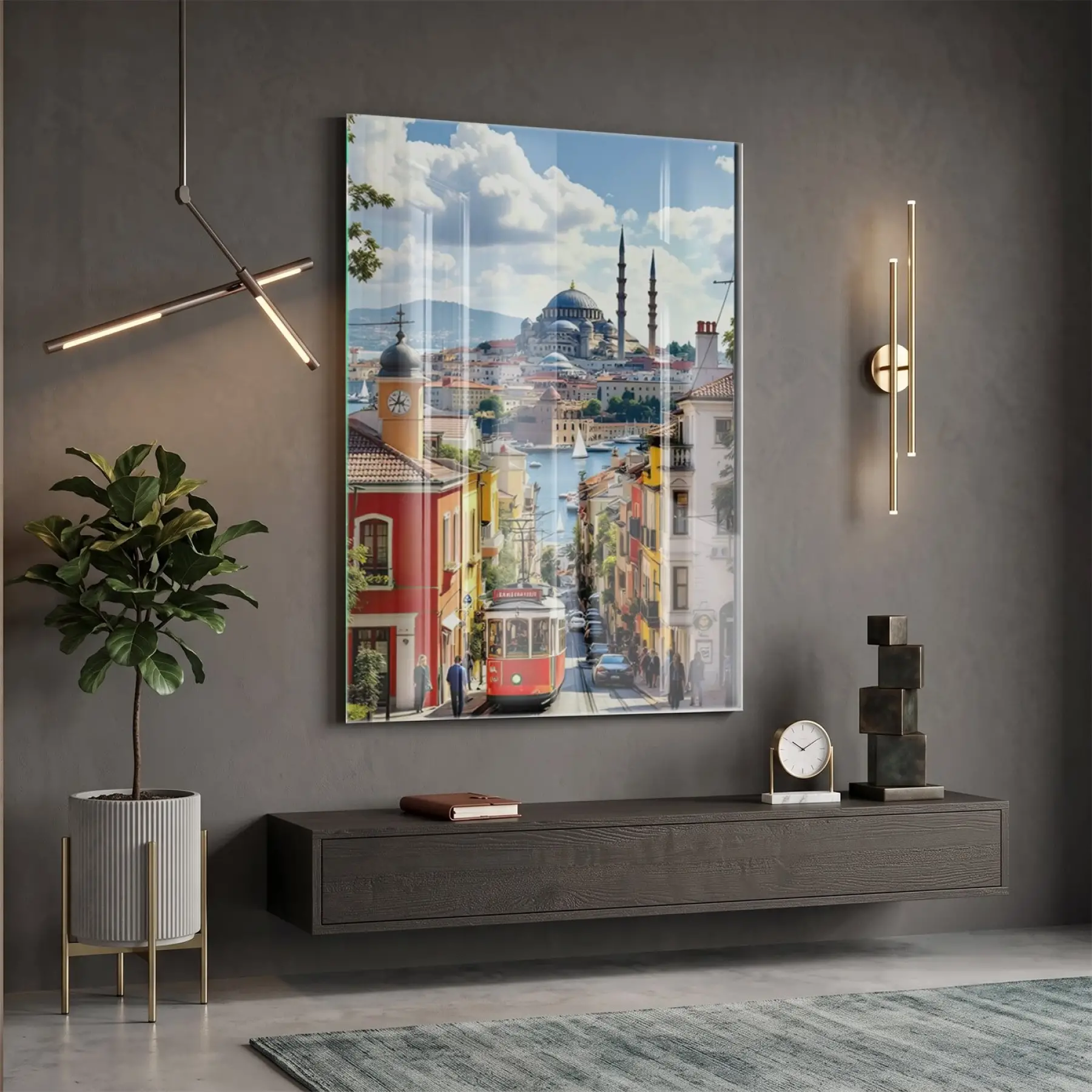İstanbul Manzarası Canlı Kent Renkleri Tekli Cam Tablo Salon Oturma Odası Duvar Dekoru