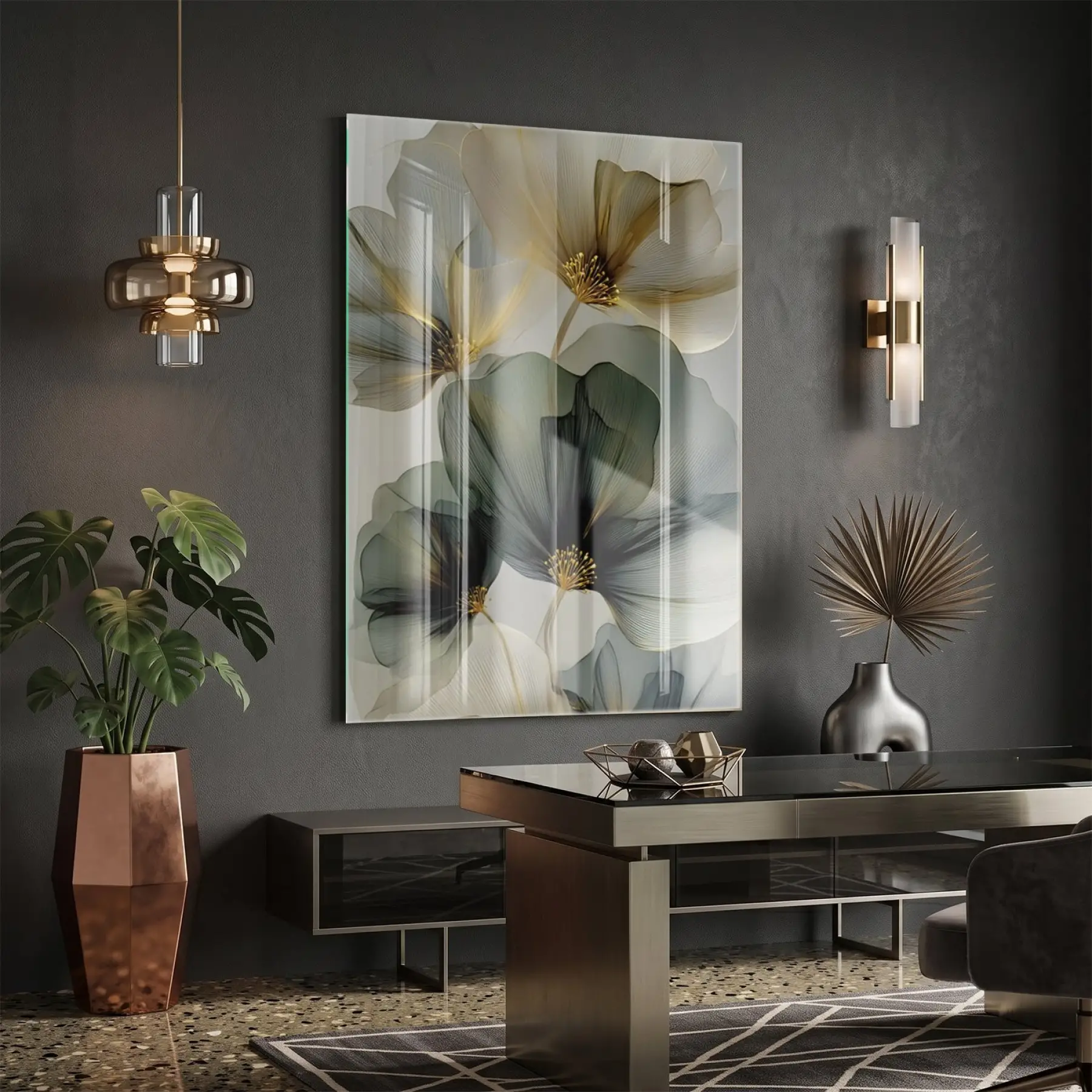 Ethereal Çiçekler Uçuk Yeşil Altın Tekli Cam Tablo Poster Dekoratif Obje