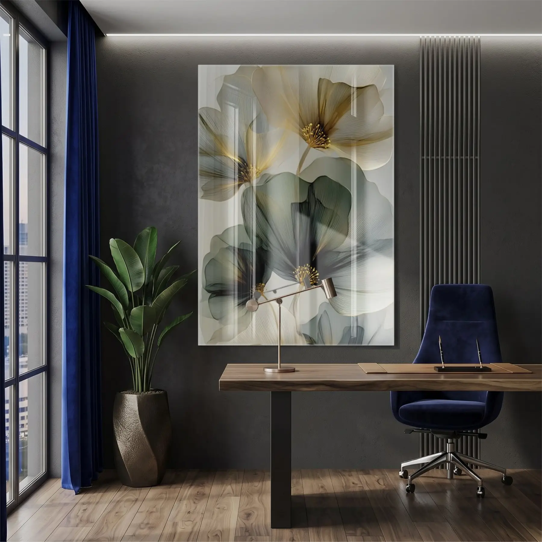 Ethereal Çiçekler Uçuk Yeşil Altın Tekli Cam Tablo Poster Dekoratif Obje