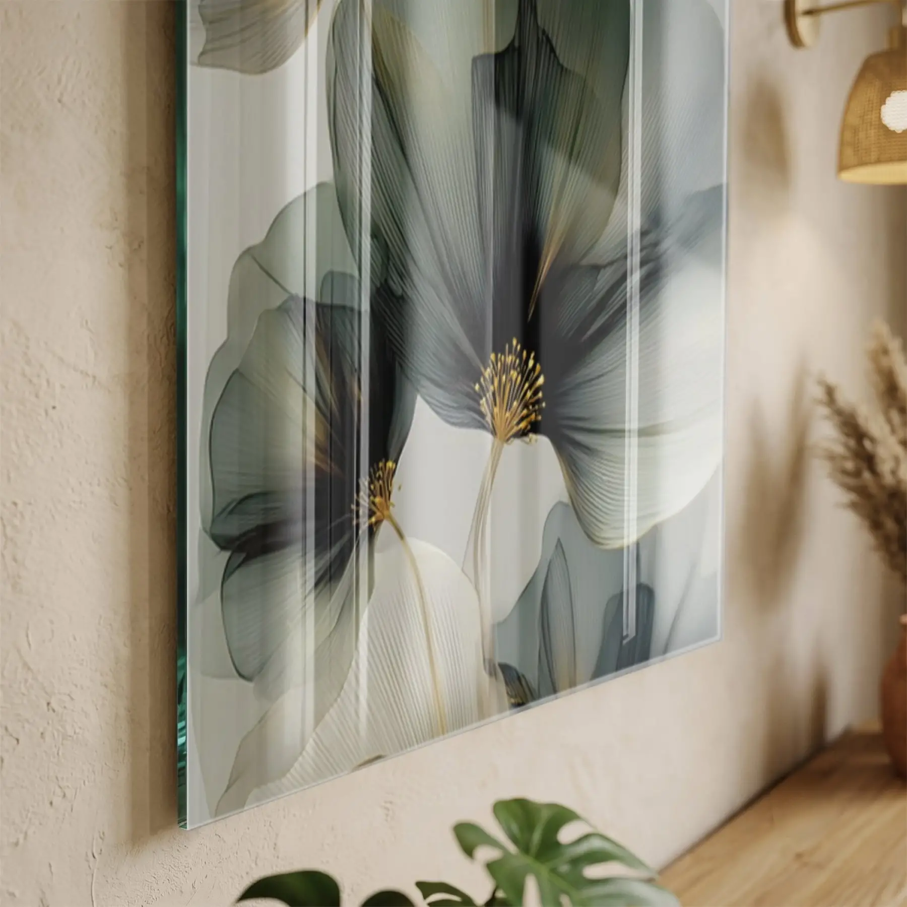 Ethereal Çiçekler Uçuk Yeşil Altın Tekli Cam Tablo Poster Dekoratif Obje