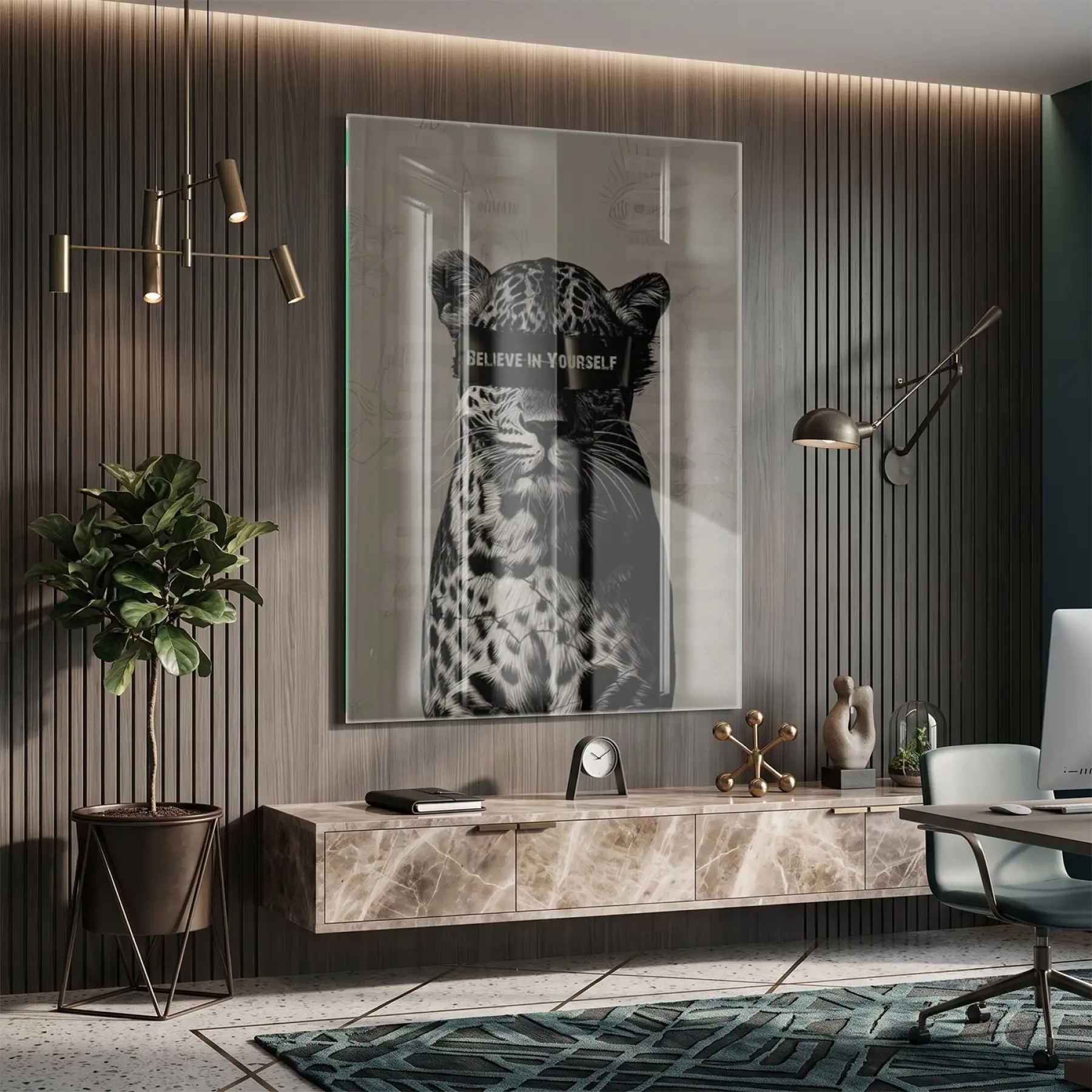 Leopar Portresi Siyah Beyaz Tonlar Tekli Cam Tablo Salon Oturma Odası Duvar Dekoru